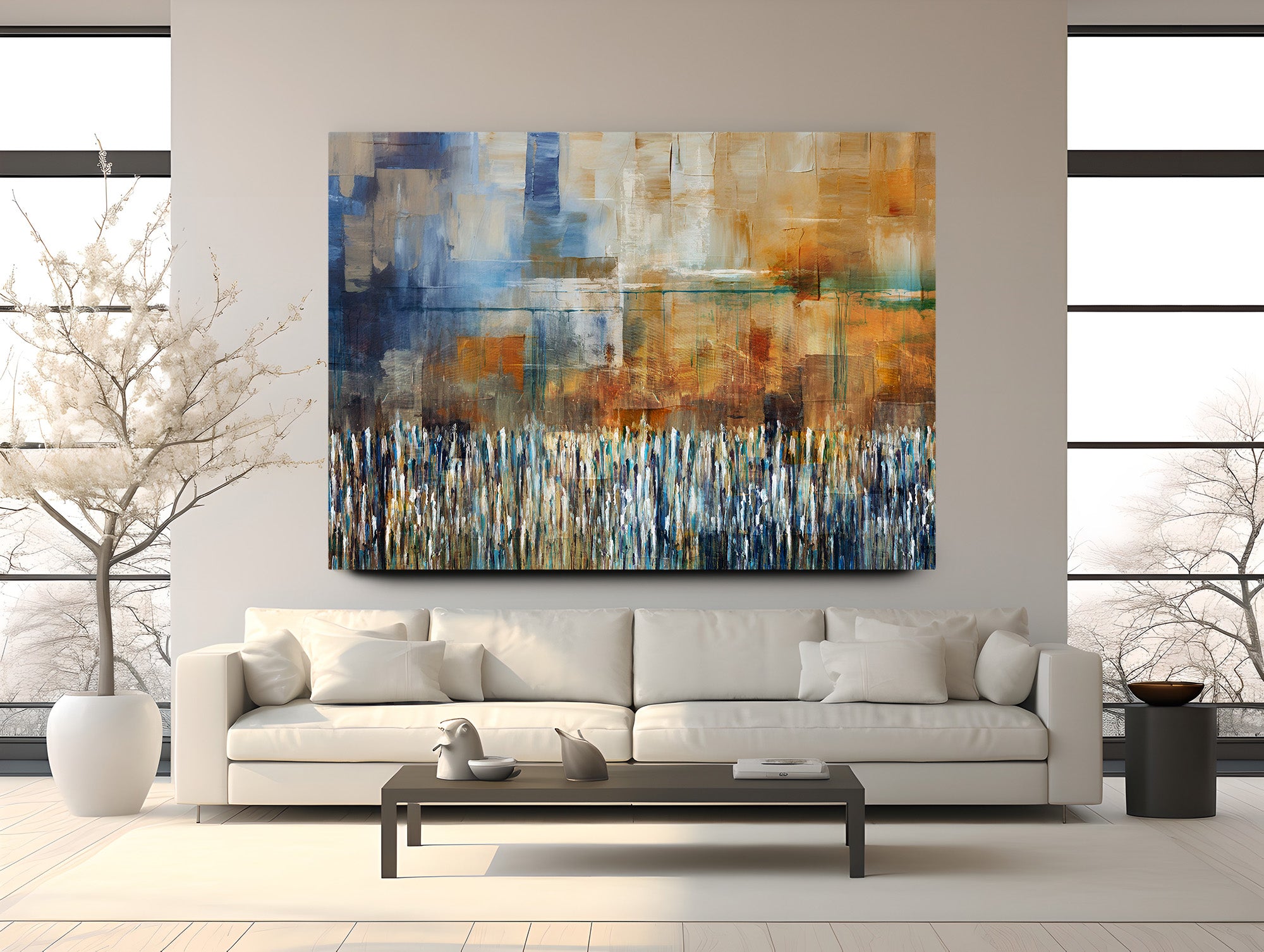 Western Wall - Earthy Abstract Art by Avigdor Ben-Ari displayed above a white couch, showcasing modern Jewish heritage in a serene living room setting.