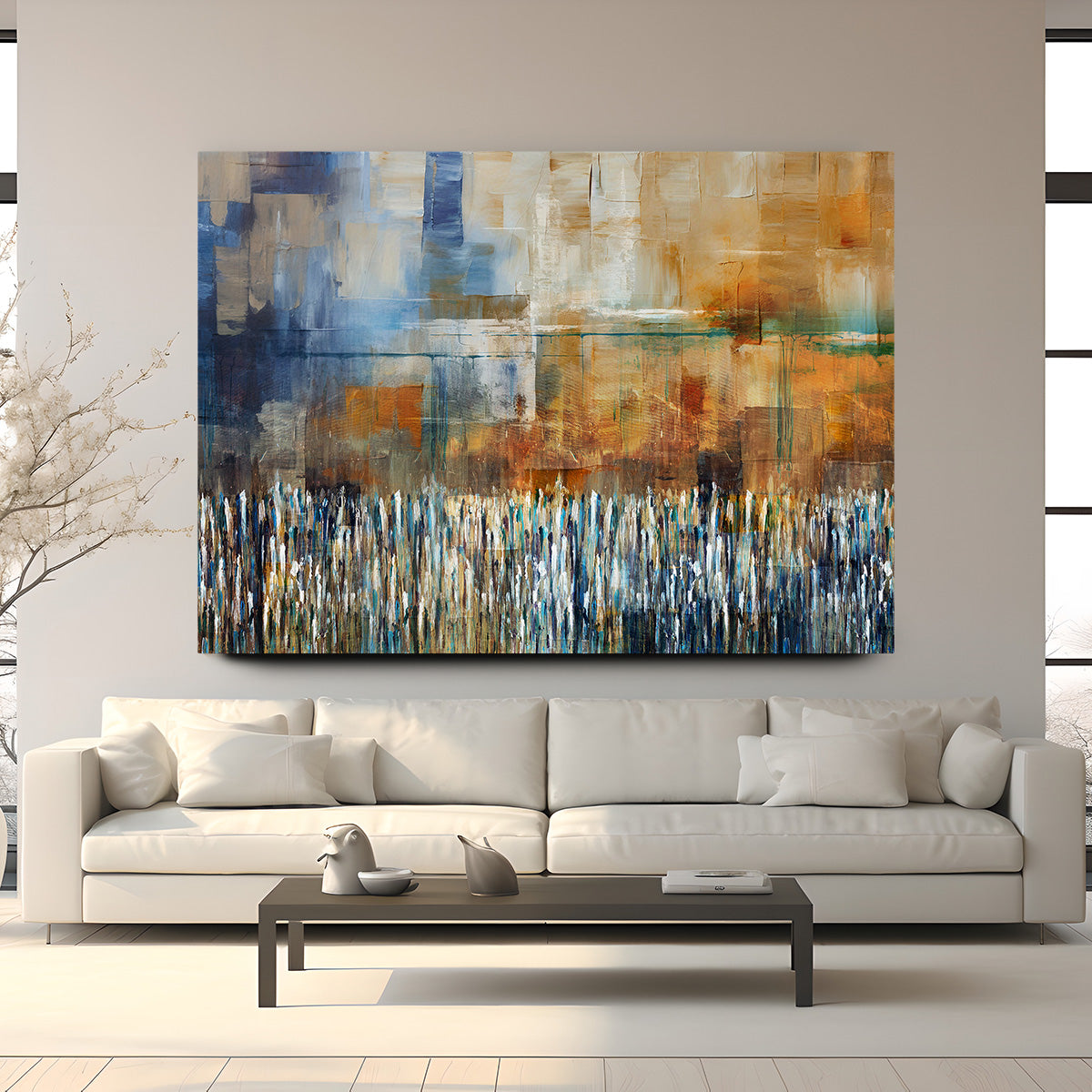Western Wall - Earthy Abstract Art by Avigdor Ben-Ari displayed above a couch, showcasing its vibrant, spiritual depiction of the Western Wall in a modern interior setting.