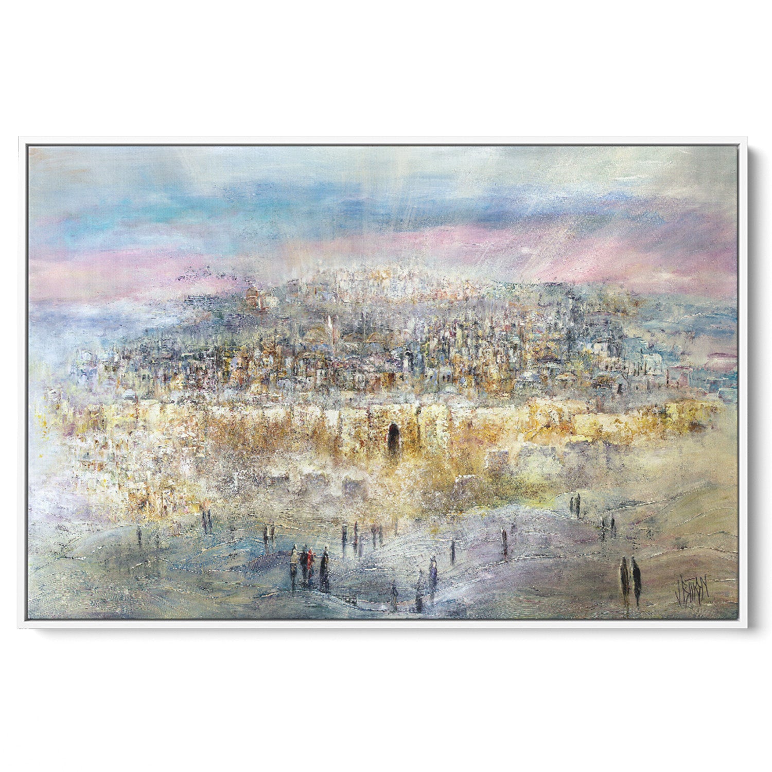 Colorful Jerusalem cityscape art print by Yossi Bitton, vibrant Jewish-themed home decor.