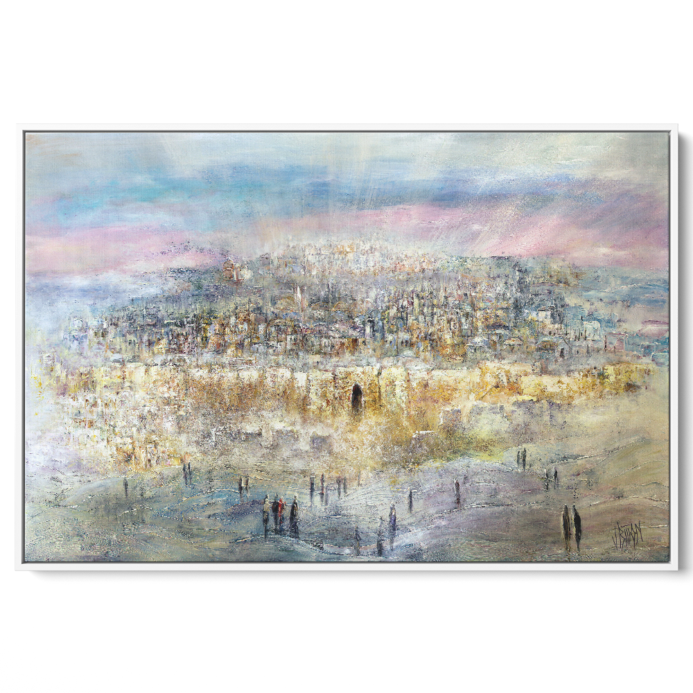 Colorful Jerusalem cityscape art print by Yossi Bitton, ideal for Jewish-themed home decor.