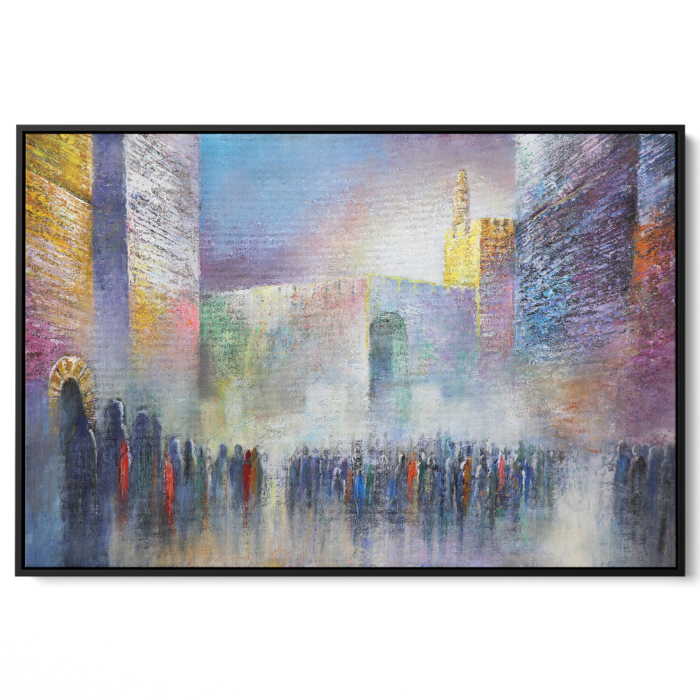 Jerusalem streets art print by Yossi Bitton, featuring the Western Wall with vibrant colors and spiritual atmosphere.