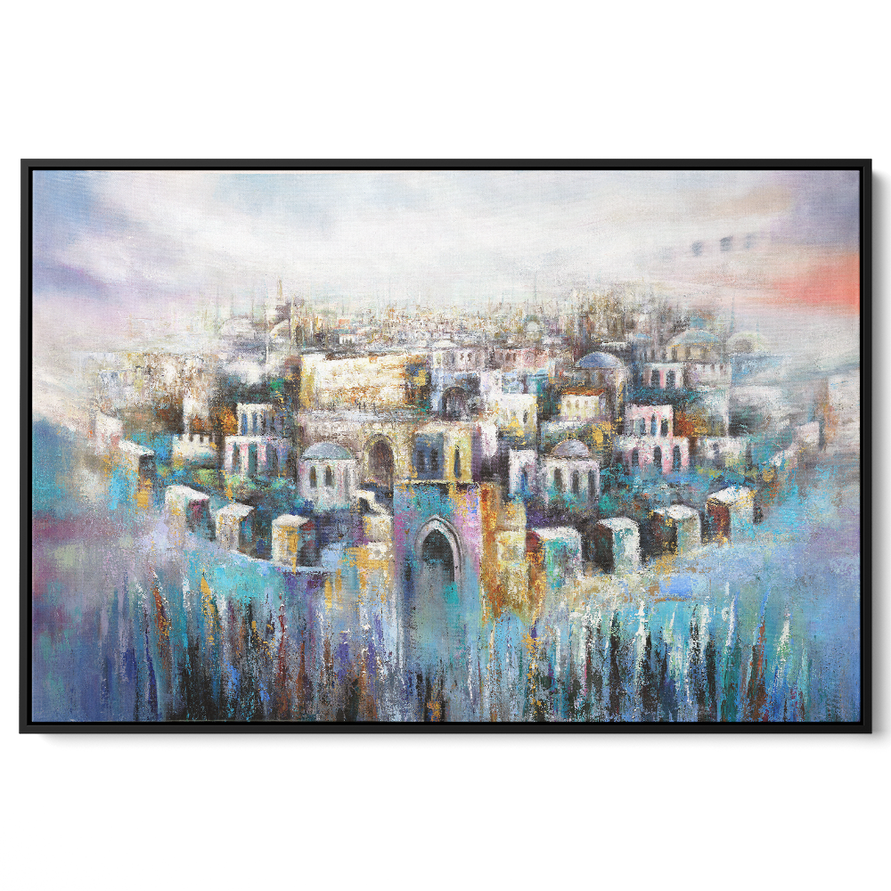 Modern Jewish art depicting Jerusalem's Old City in vibrant blue and purple hues, religious Judaica prints.