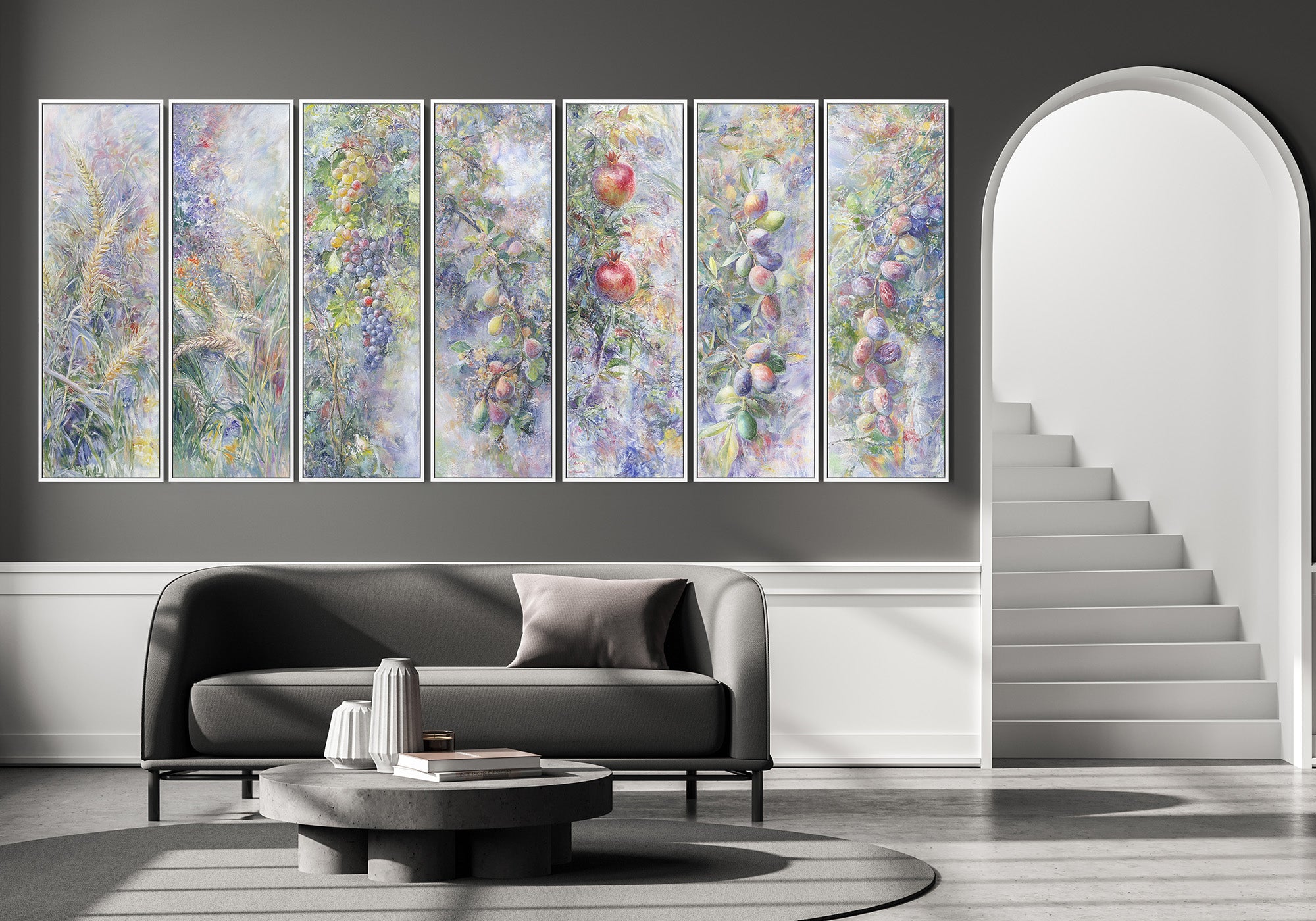 Seven-panel contemporary Jewish artwork depicting the Seven Species of Israel, perfect for Hebrew wall decor.