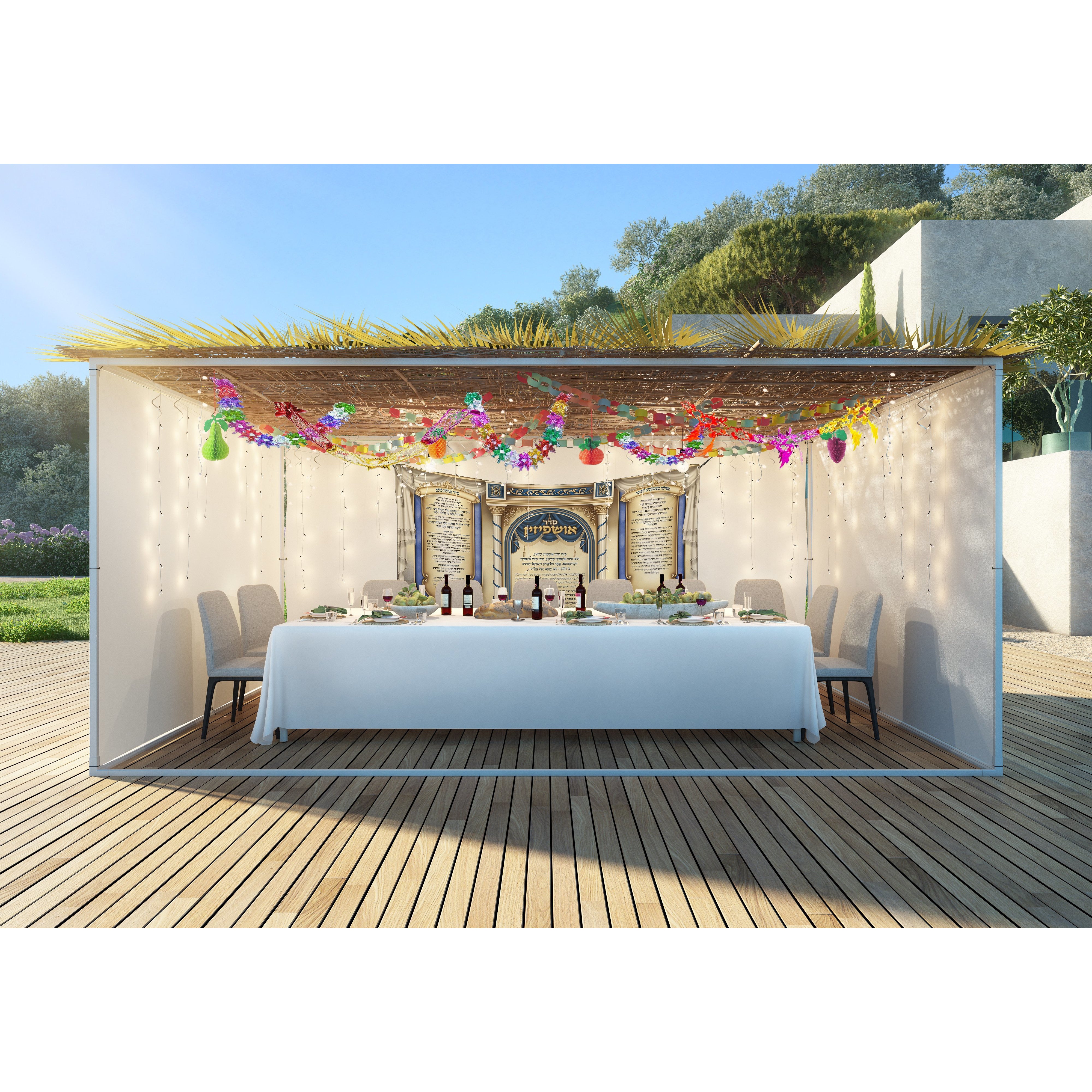 5x3ft Sukkot Fabric - Ushpizin & Netilat Lulav Design displayed on a table set for a festive gathering, featuring wine glasses and bread under a canopy.