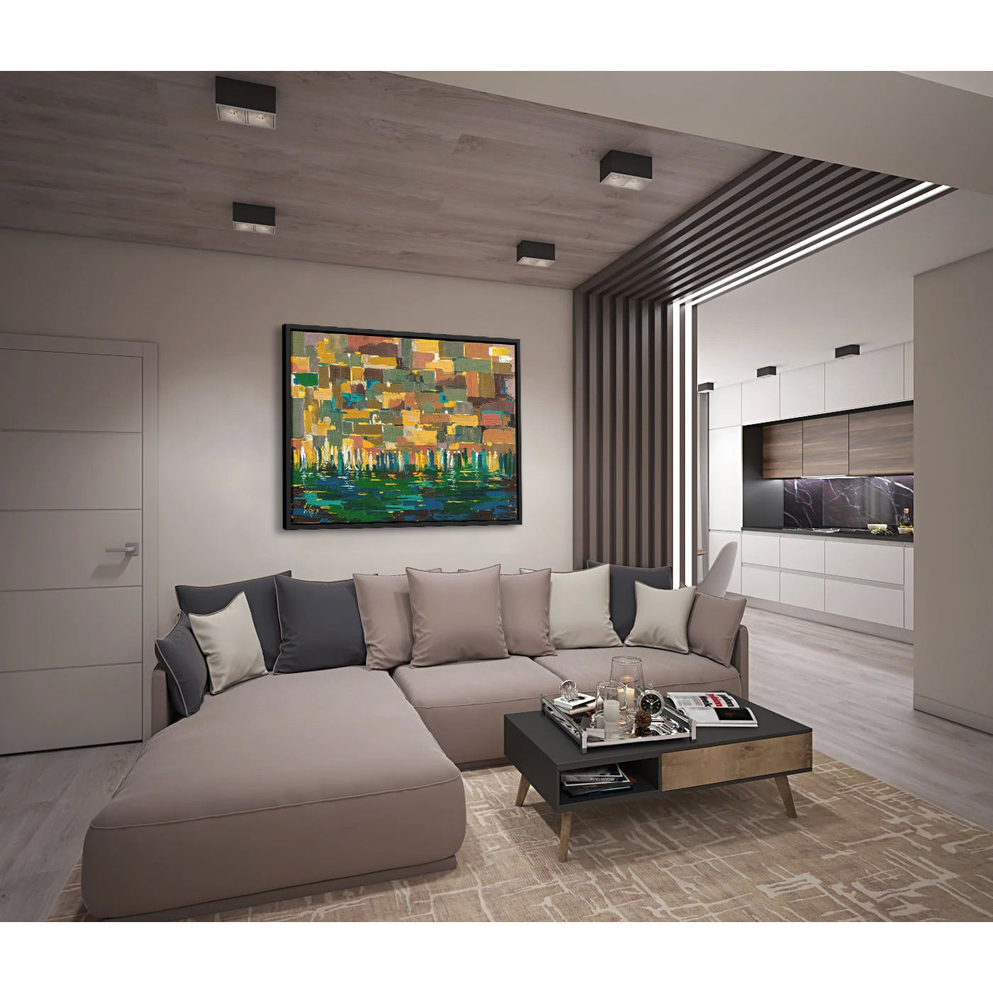 Western Wall Abstract in Browns - 35x35 Judaica Art Canvas displayed above a modern couch in a living room setting.