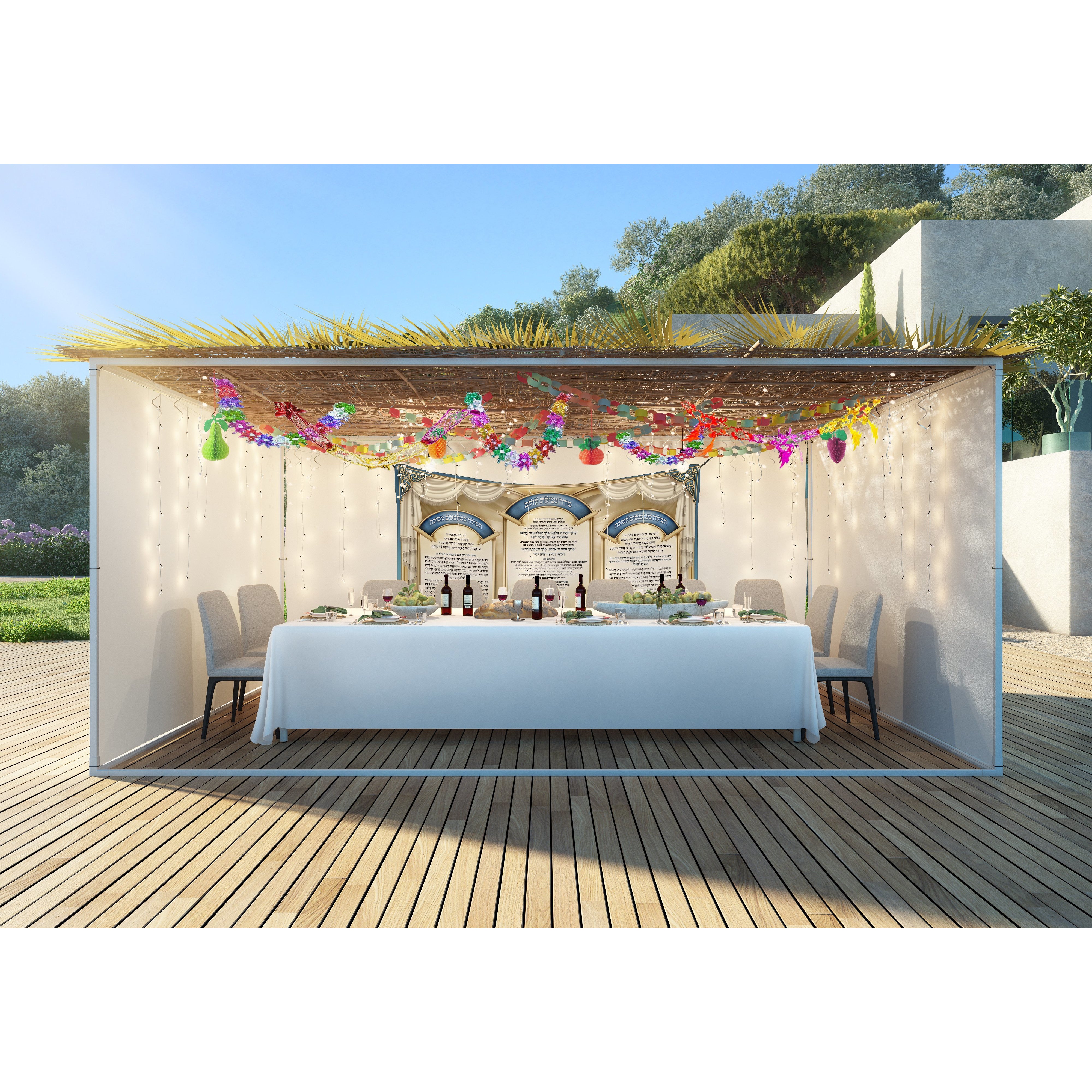 Sukkot Fabric - 3 Prayers, Royal Curtains & Lulav Dance - 5x3ft displayed on a festive table with wine glasses and bread.