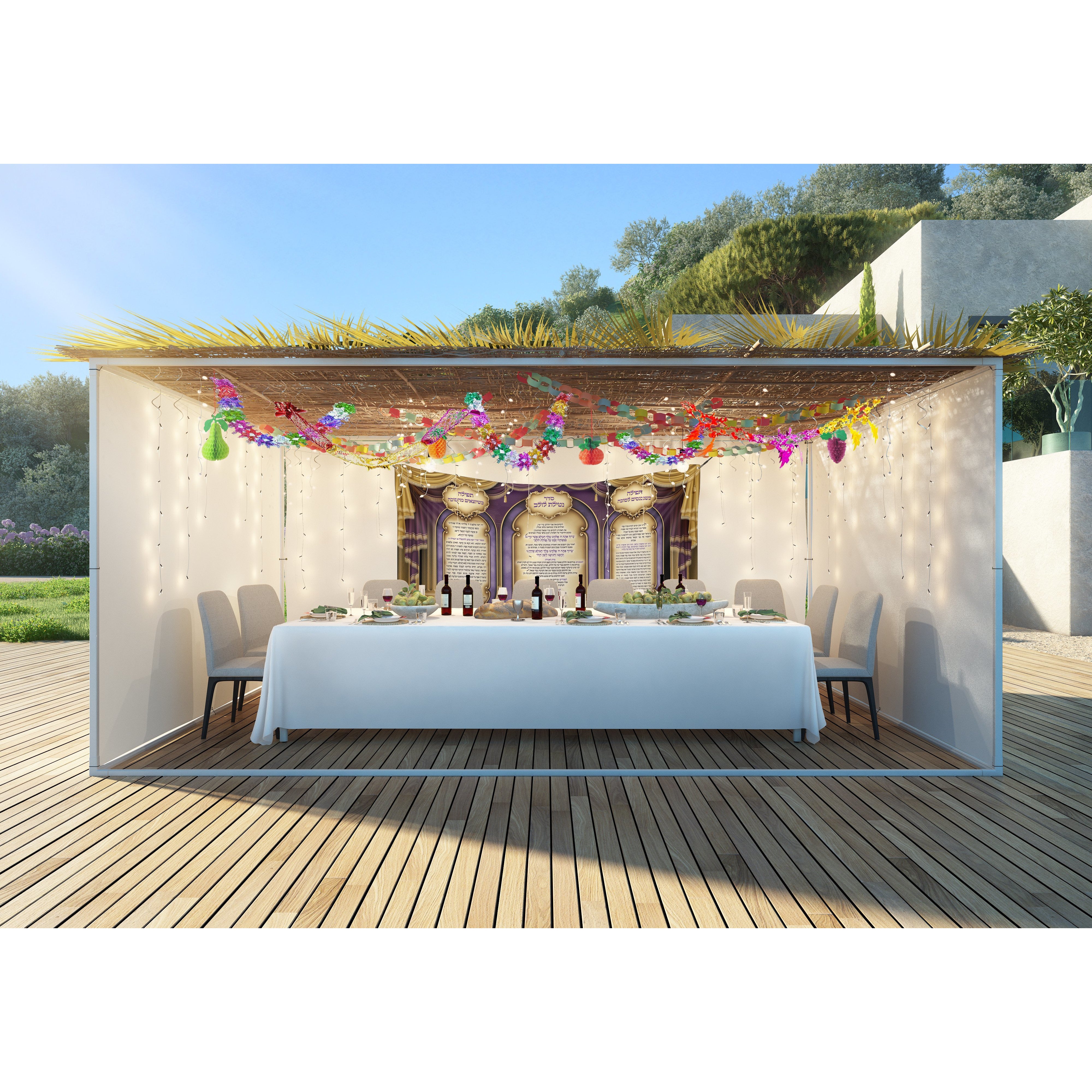 Sukkot Fabric with 3 Prayers & Gold Curtains displayed on a table set for a festive occasion, highlighting its elegance and spiritual significance.
