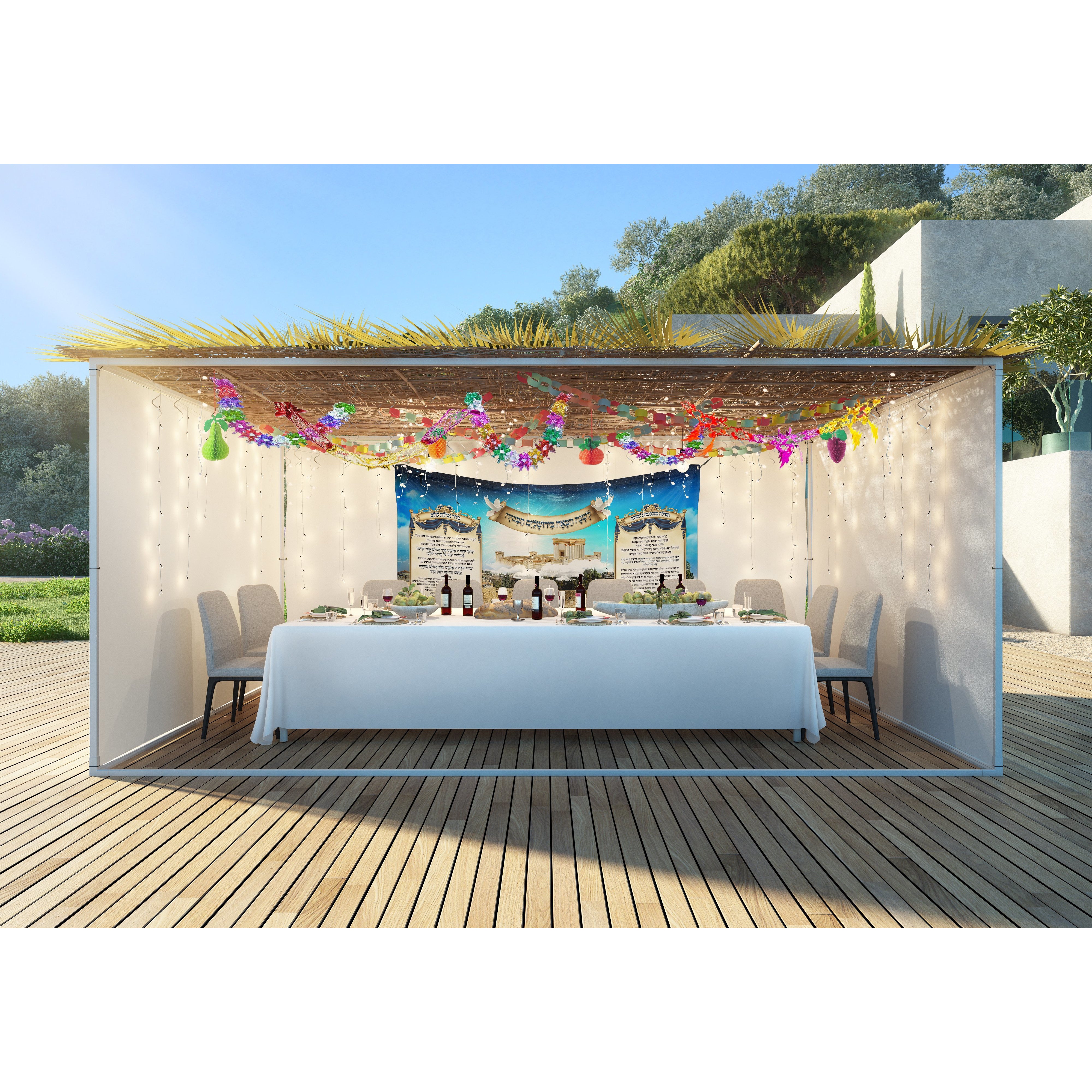 Sukkot Kidush & Entrance Prayer Fabric - Western Wall Design displayed outside on a table with wine bottles and glasses.