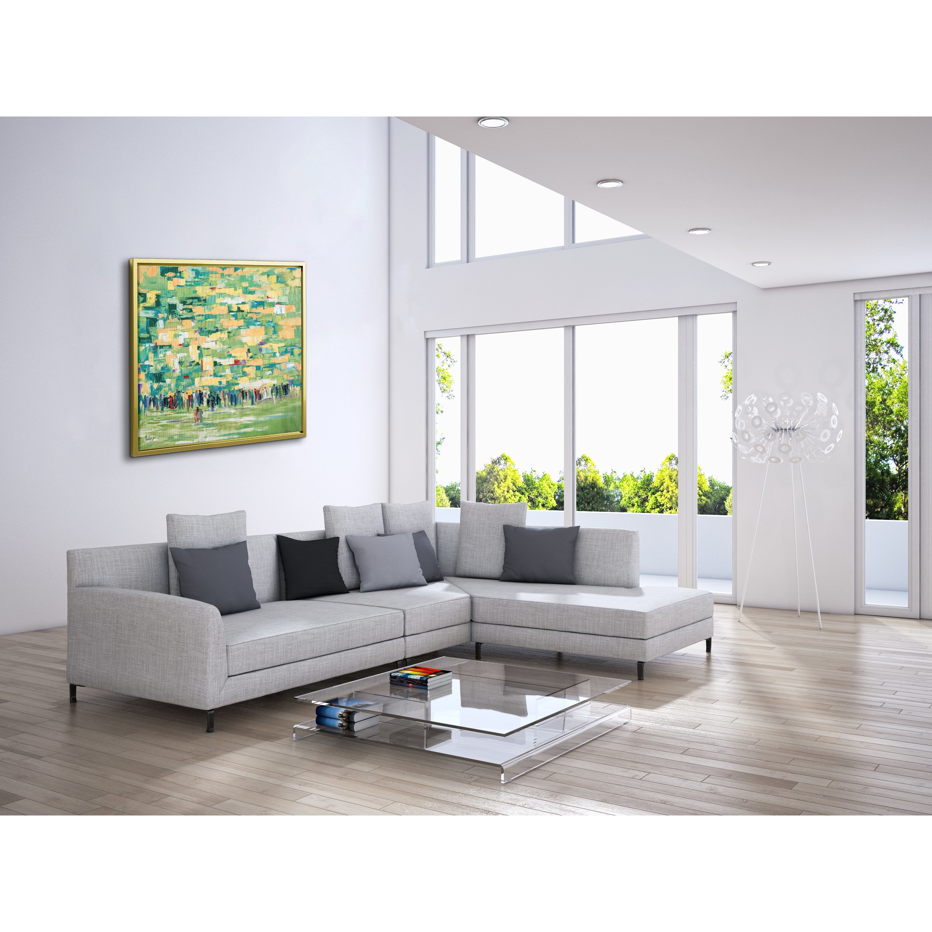 Green Tones Western Wall Abstract - 35x35 Modern Judaica Canvas, displayed above a white couch in a living room, enhancing Jewish home decor with vibrant elegance.