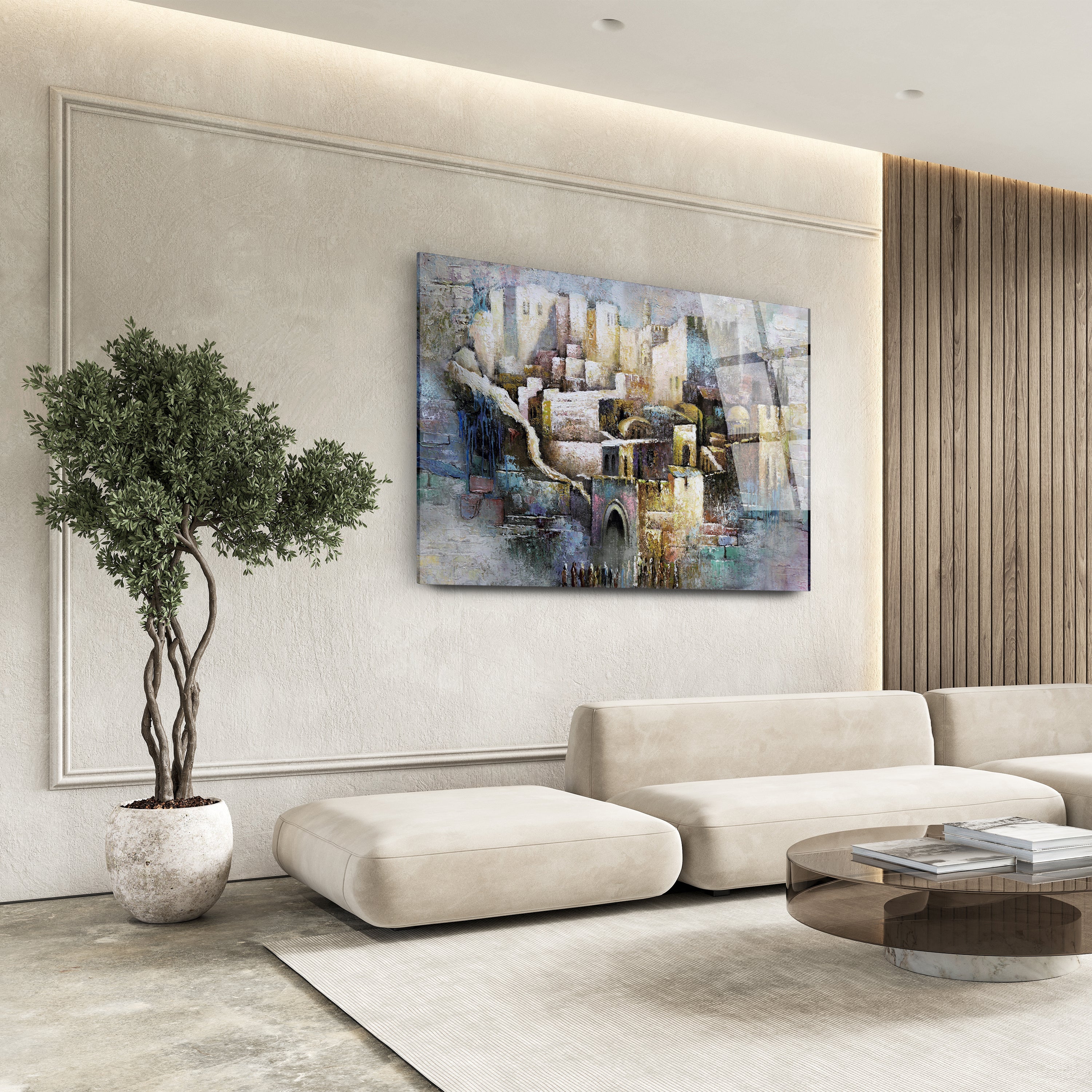 Jerusalem the Old City - Traditional Jewish Art Print by Yossi Bitton displayed on a living room wall, enhancing the space with cultural and historical significance.