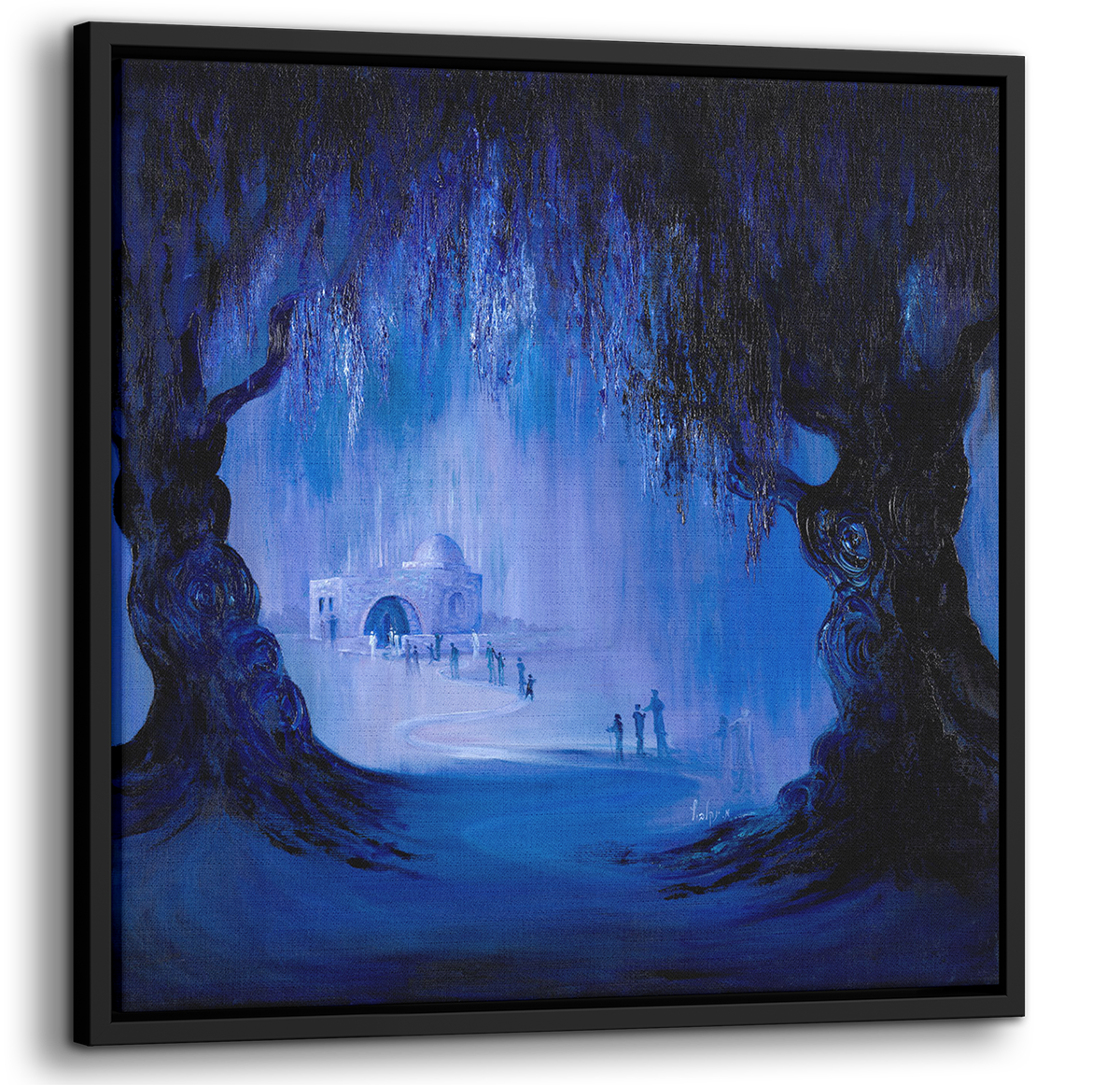 Rachel's Tomb at Night Abstract - 35x35 painting, depicting an abstract night scene in a foggy forest, capturing mystery and spirituality.