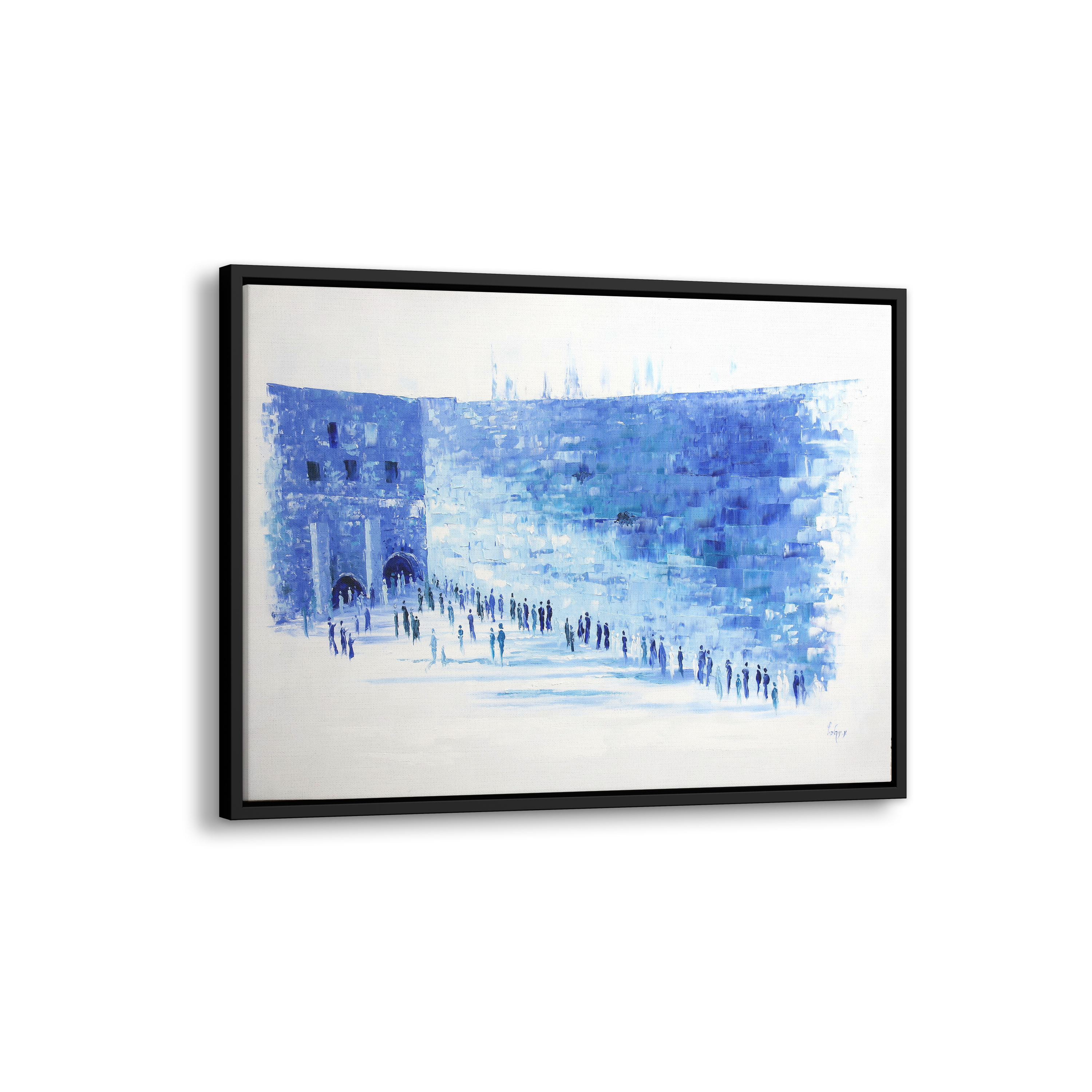 Western Wall in Blue & White - 40x28 Modern Judaica Canvas, featuring abstract figures symbolizing spirituality in a serene composition.