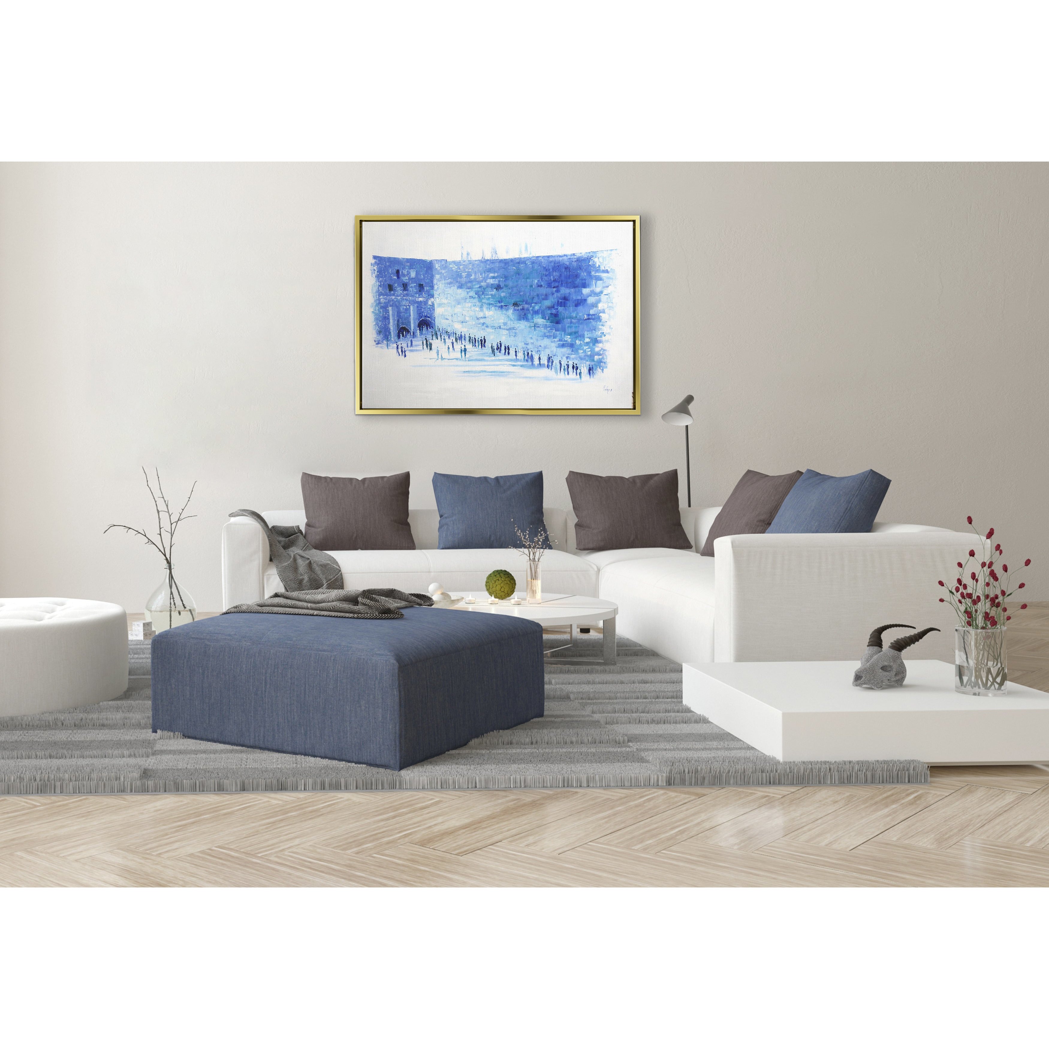 Western Wall in Blue & White - 40x28 Modern Judaica Canvas, depicting abstract spiritual imagery, enhancing Jewish home decor with contemporary artistry.