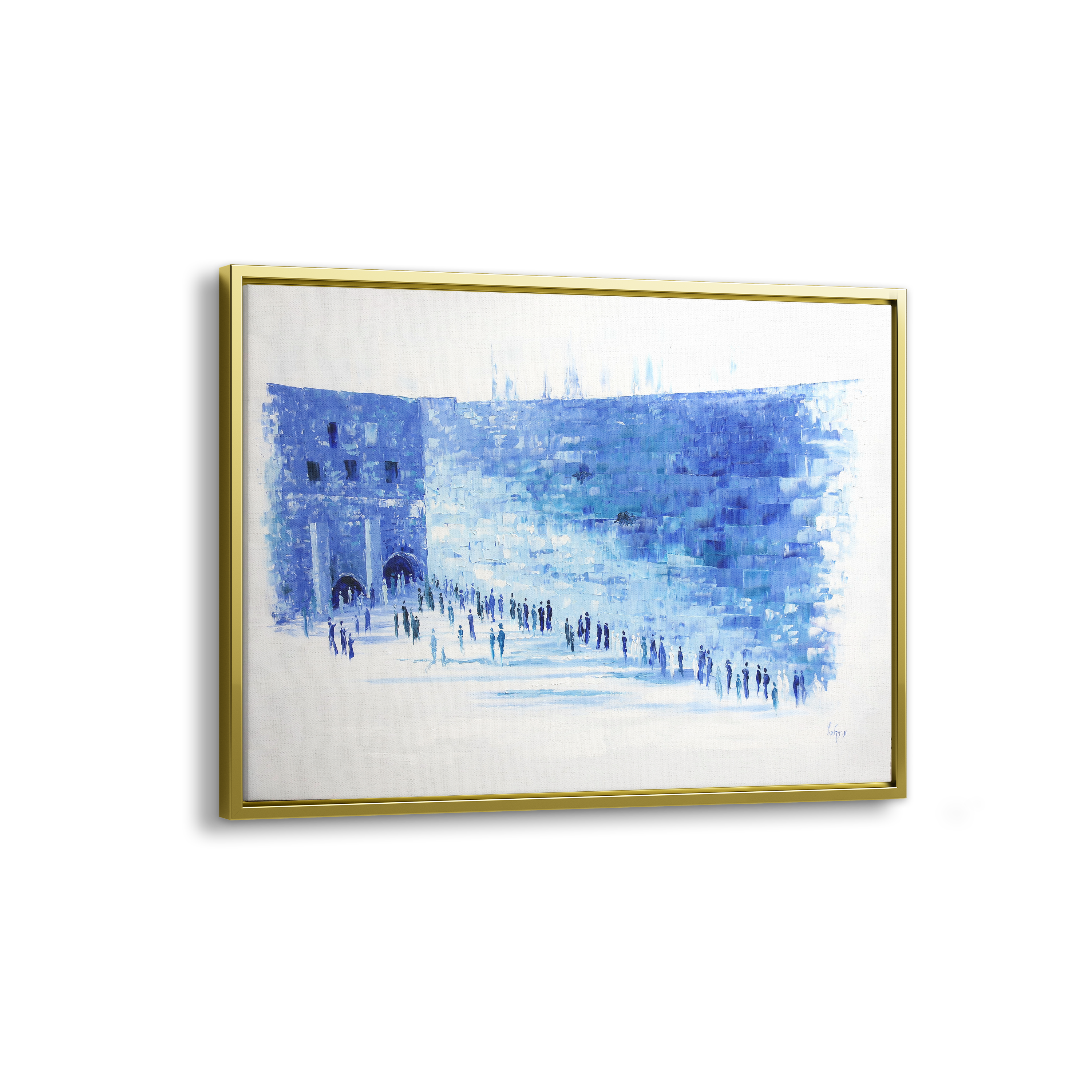 Western Wall in Blue & White - 40x28 Modern Judaica Canvas: Abstract depiction of a crowd by the Kotel, framed art symbolizing Jewish spirituality and heritage.