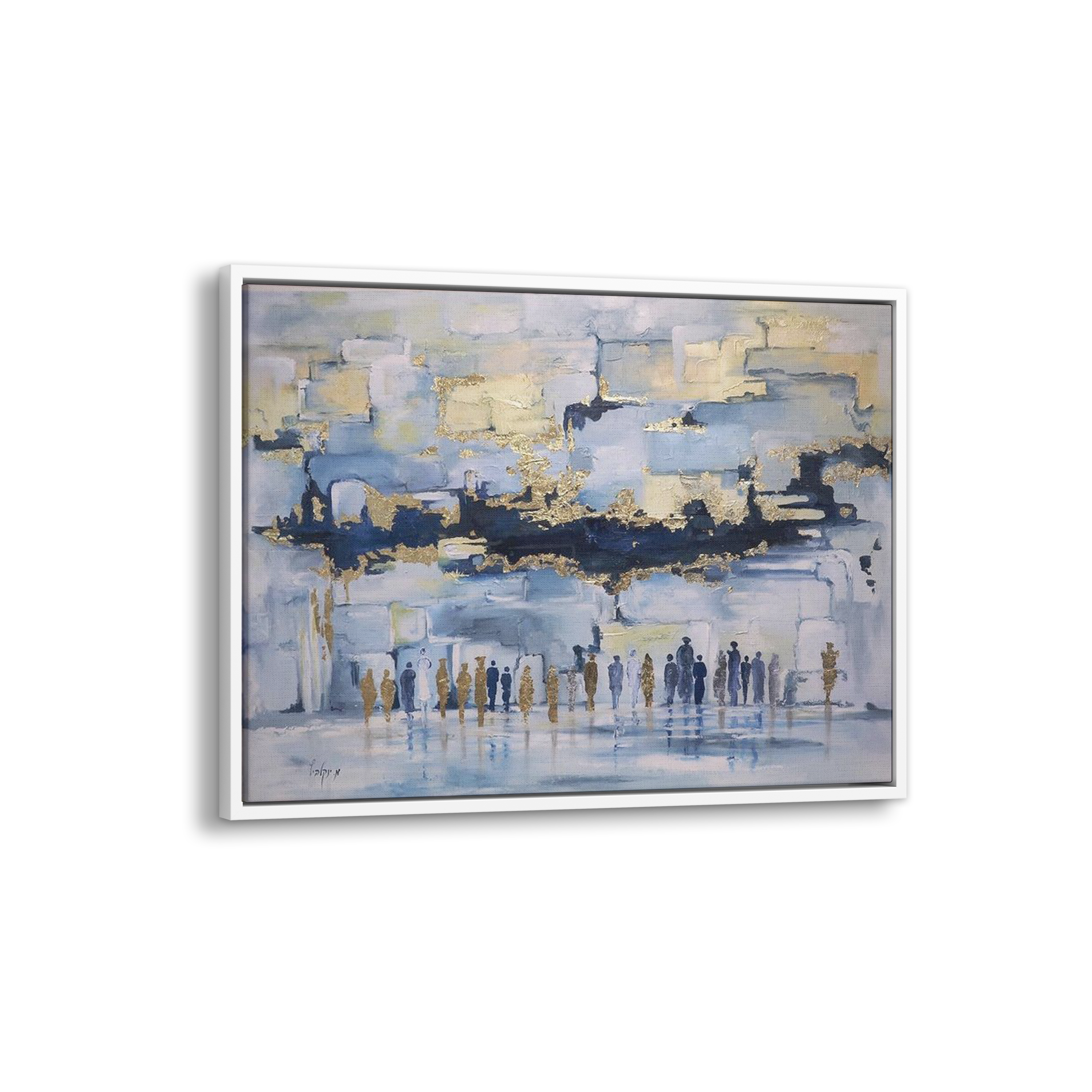 Blue & Gold Western Wall Abstract - 41x31 Judaica Art Canvas depicting an abstract crowd scene, capturing the spiritual essence of the Western Wall in modern artistry.