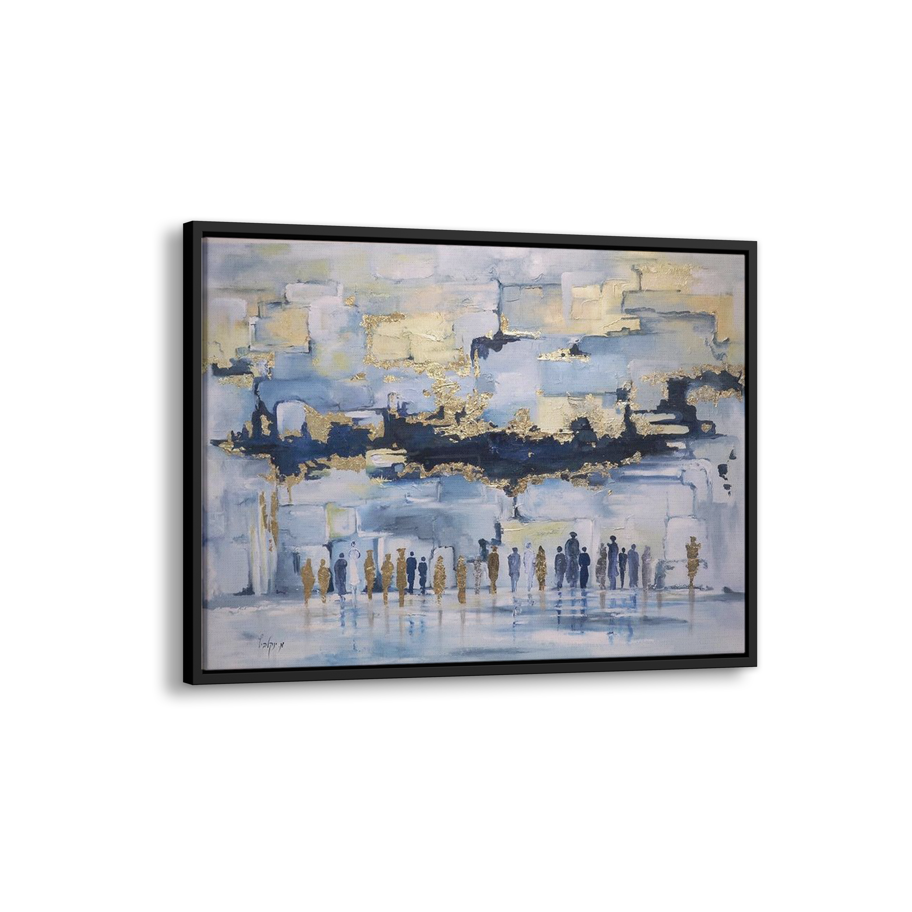Blue & Gold Western Wall Abstract - 41x31 Judaica Art Canvas depicting a crowd before a stylized Western Wall in blue and gold tones.