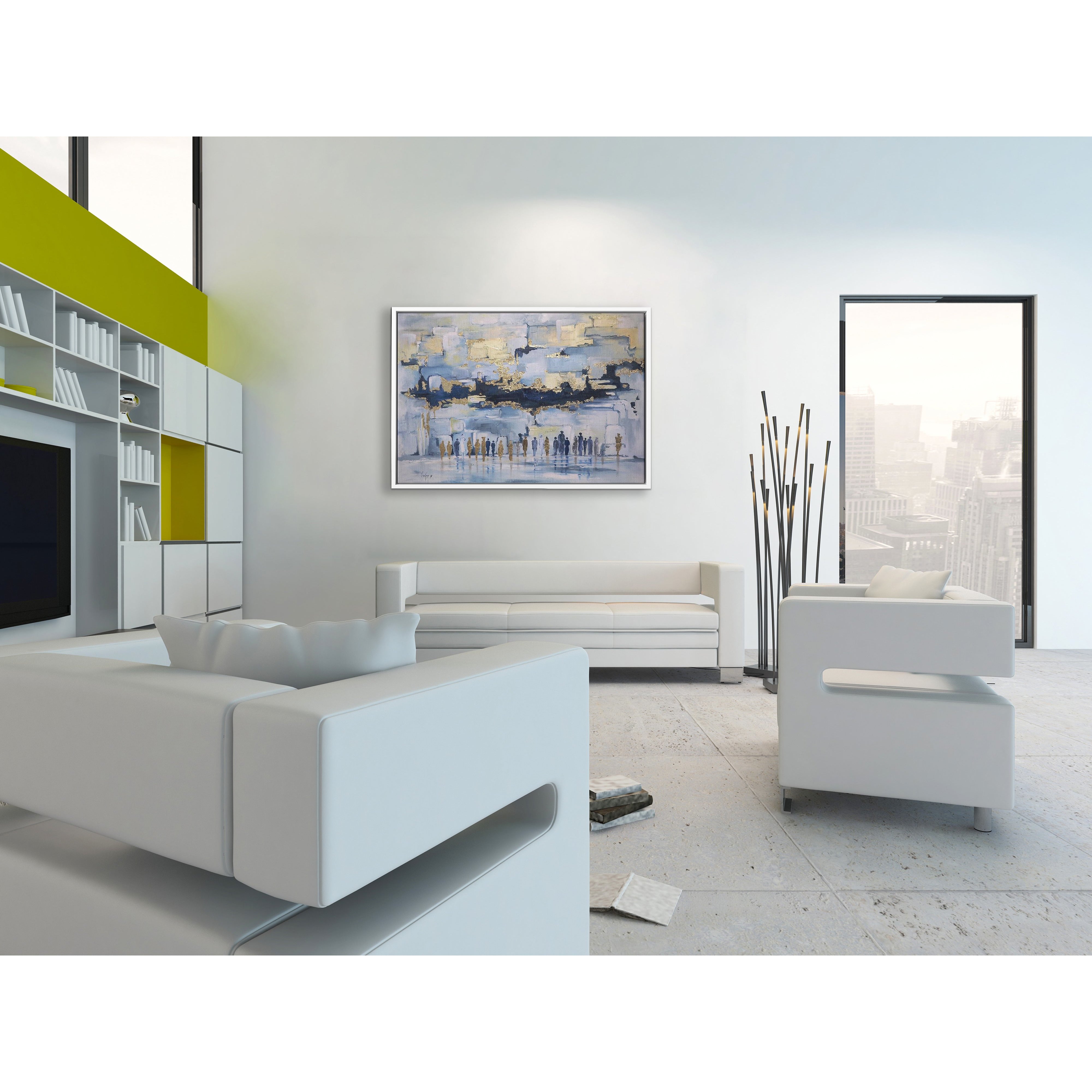 Blue & Gold Western Wall Abstract - 41x31 Judaica Art Canvas, featuring a vibrant painting of people in line, enhancing modern Jewish home decor.