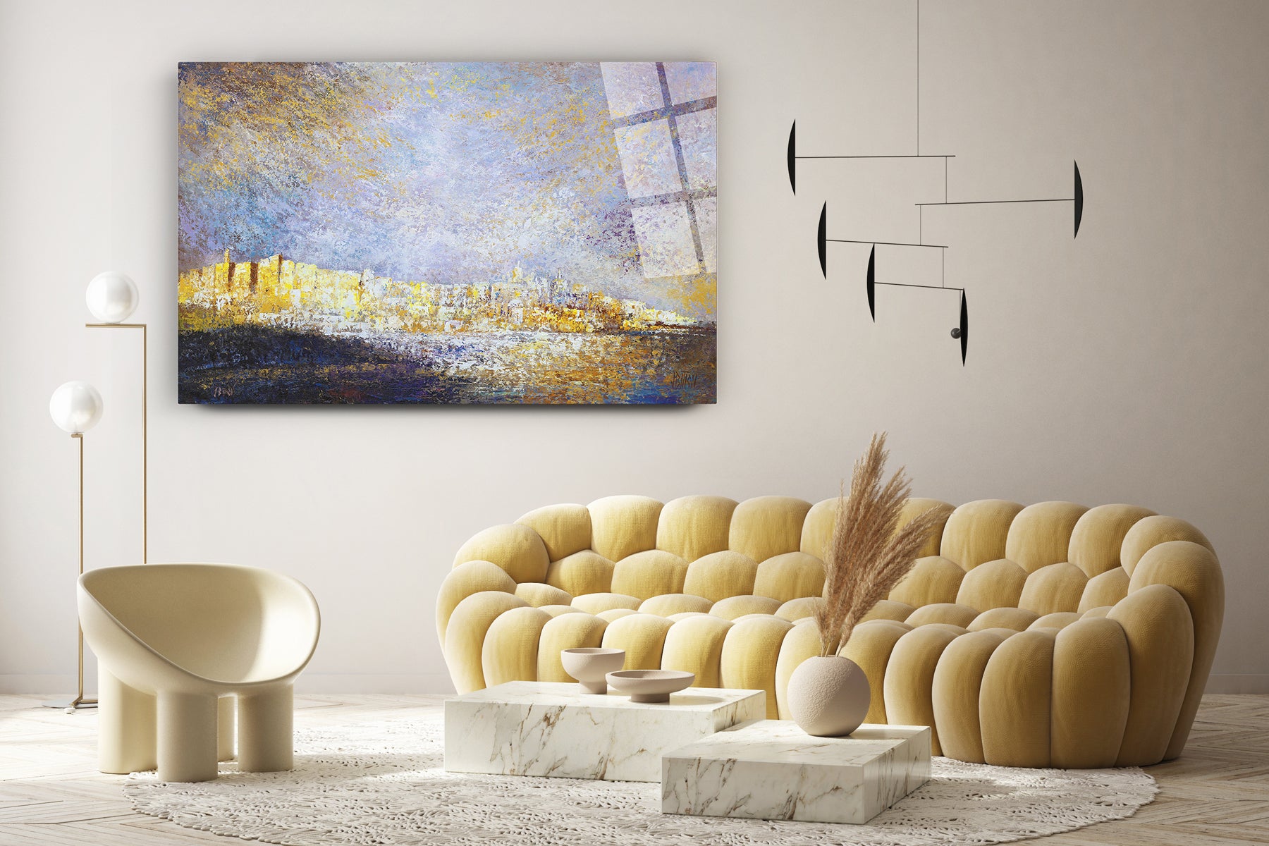 Jerusalem in Gold: Colorful Jewish art print by Yossi Bitton, illustrating Jerusalem's walls in gold tones, displayed in a modern living room setting.