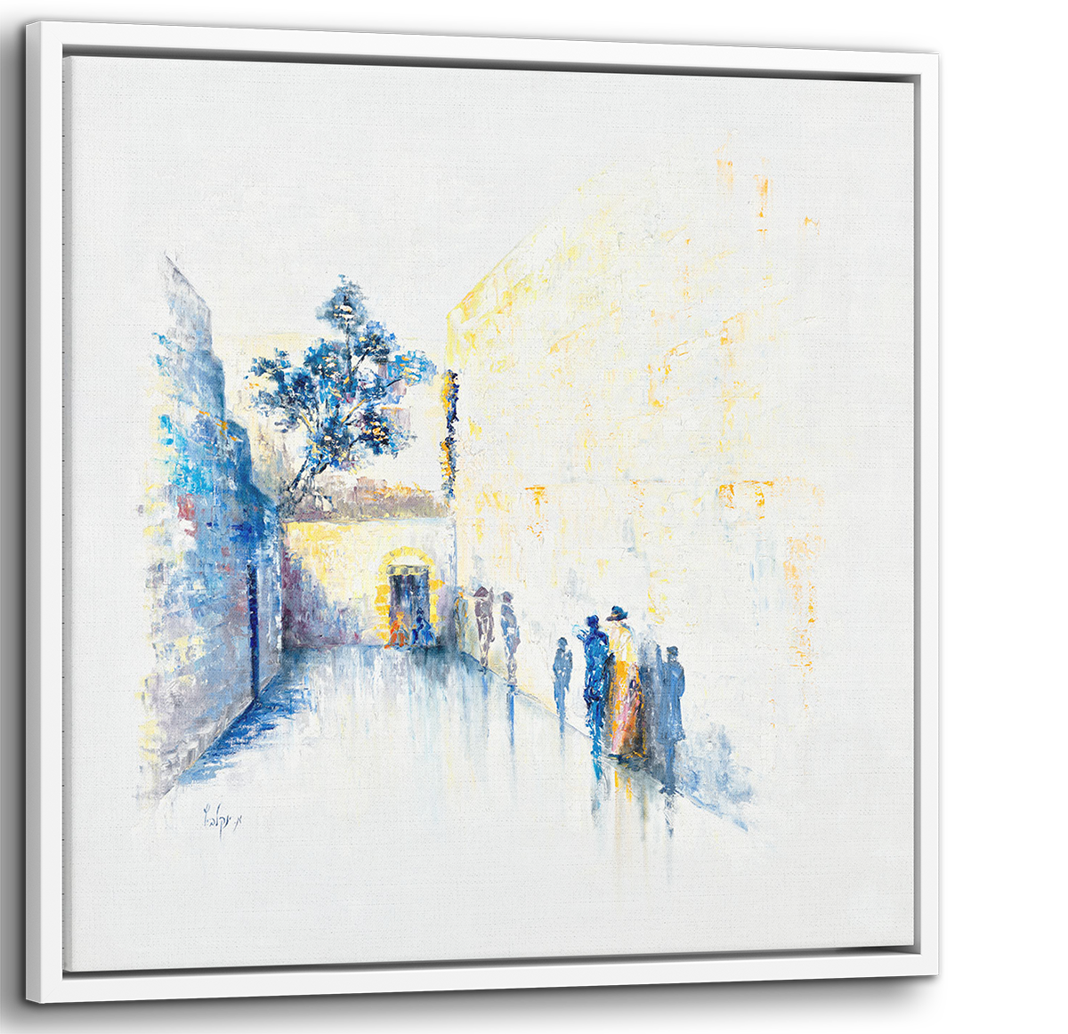 Blue & White Abstract Western Wall - 35x35 Judaica Art; a modern painting depicting the Western Wall in abstract blue and white, symbolizing Jewish faith and culture.