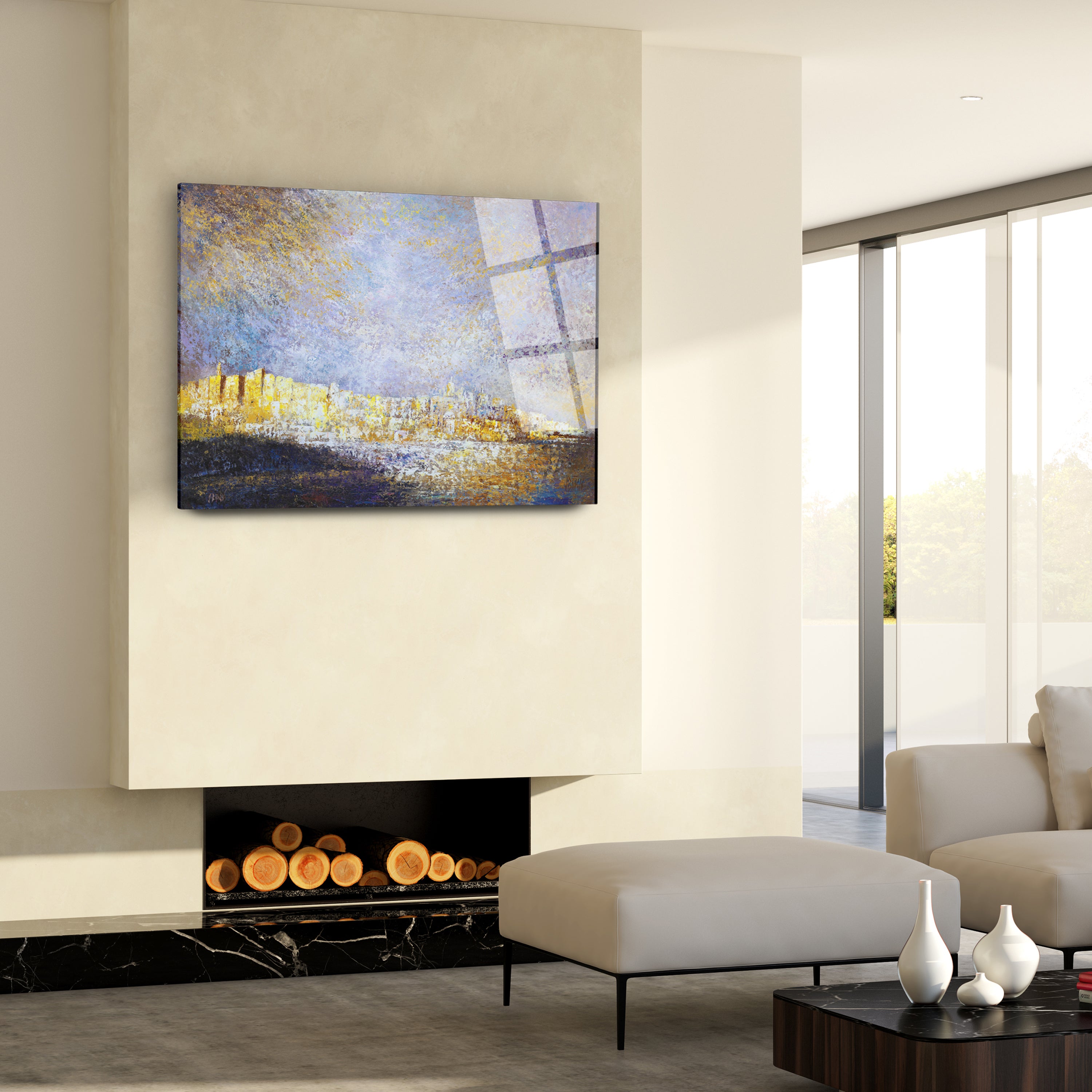 Jerusalem in Gold by Yossi Bitton, a captivating Jewish art print depicting Jerusalem's walls, elegantly displayed above a fireplace in a modern living room.