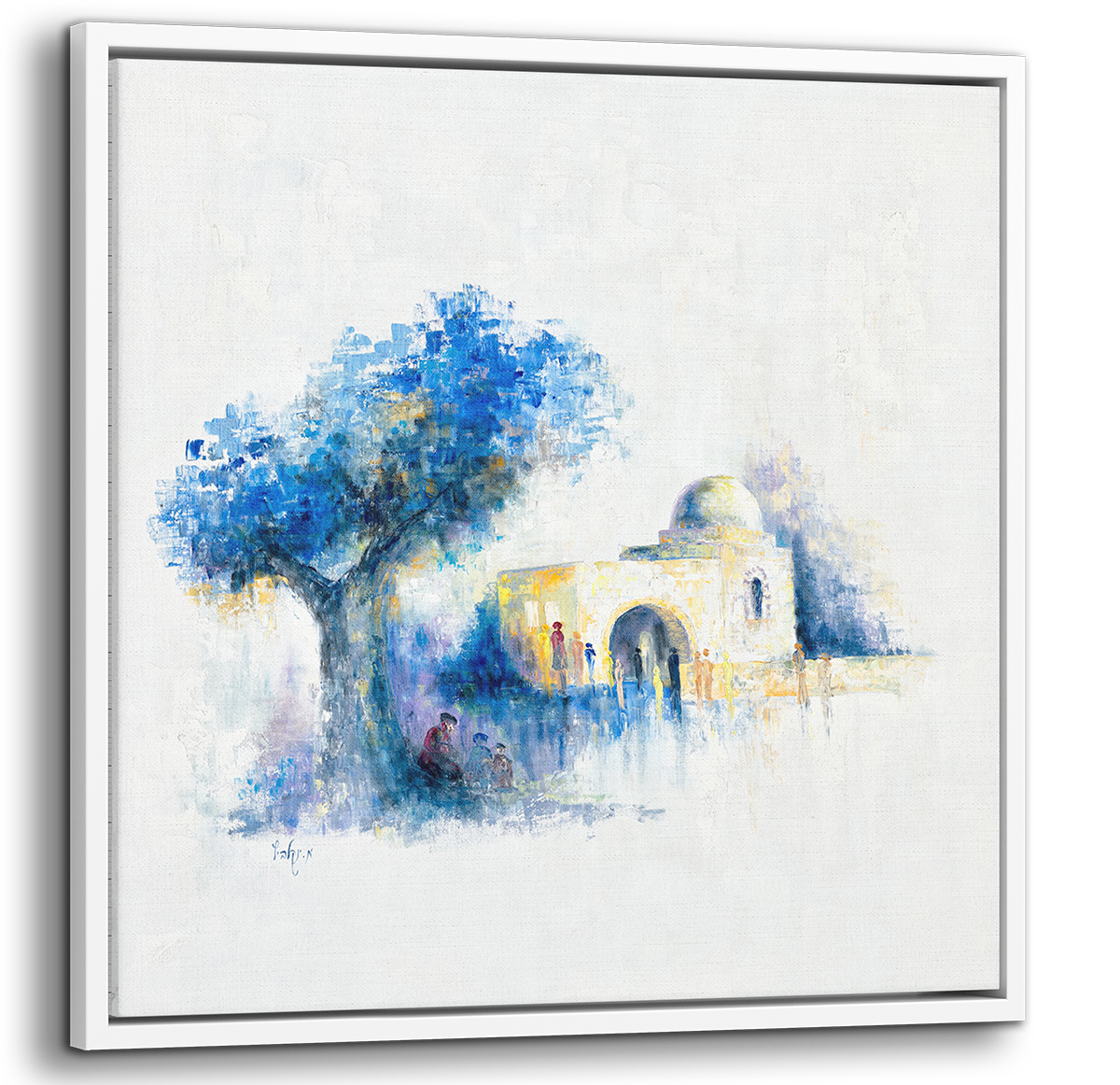 Abstract Rachel's Tomb Art - 35x35 in Blues, Judaica Decor: A modern painting depicting Rachel's Tomb with a building and tree in a serene, abstract style.