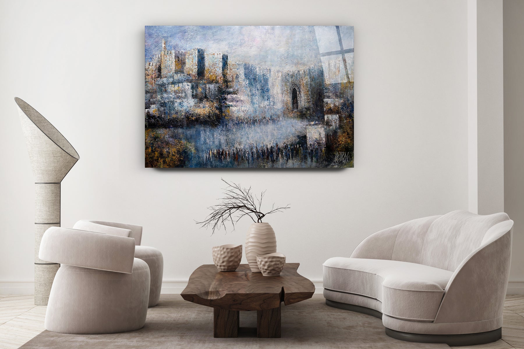 Jerusalem Jaffa Gate - Modern Jewish Art Print by Yossi Bitton, depicting a vibrant castle scene, showcased above a couch with vases on a table.
