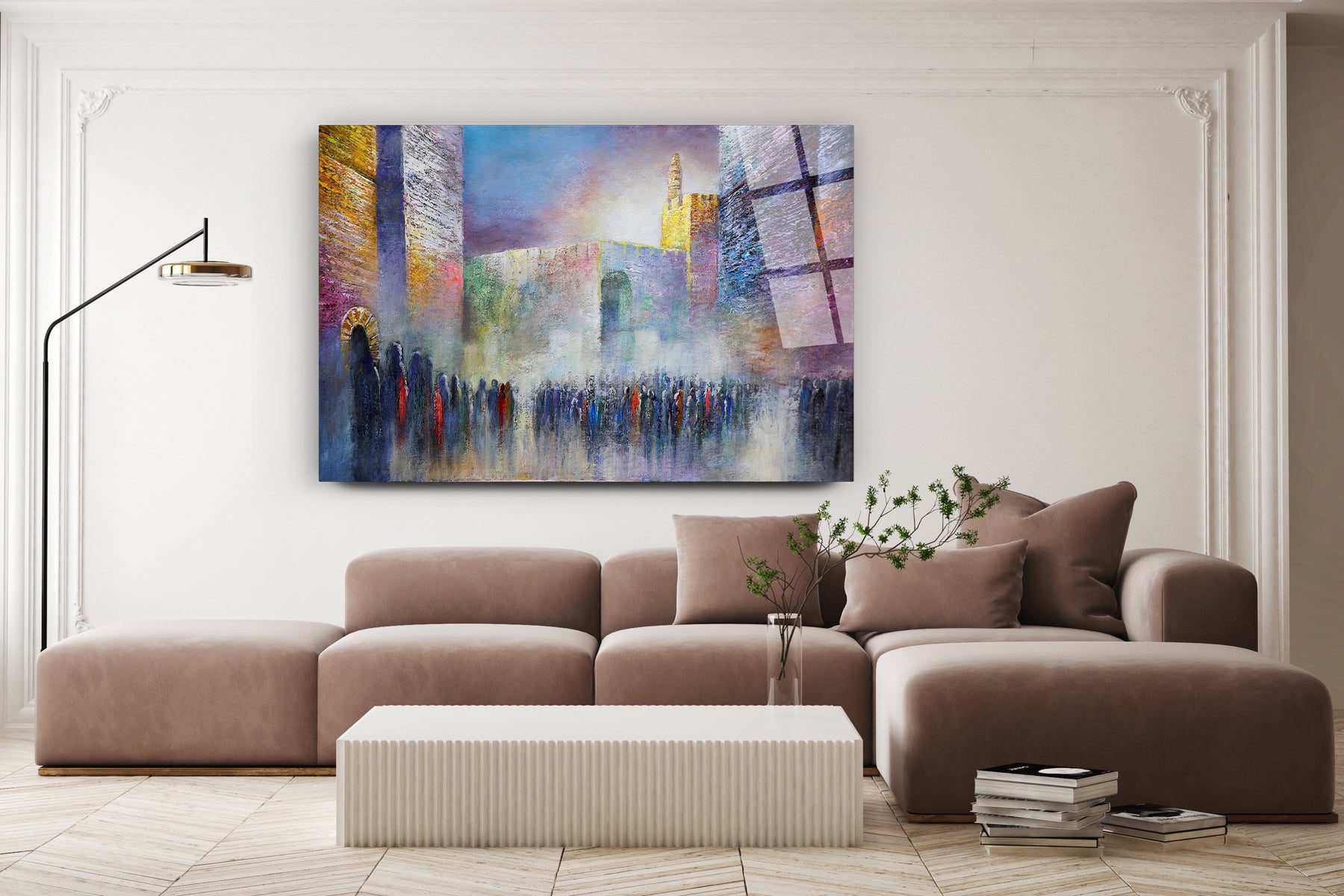 The Road to the Western Wall art print by Yossi Bitton, depicting Jerusalem's historic streets and landmarks, prominently displayed above a couch in a living room.