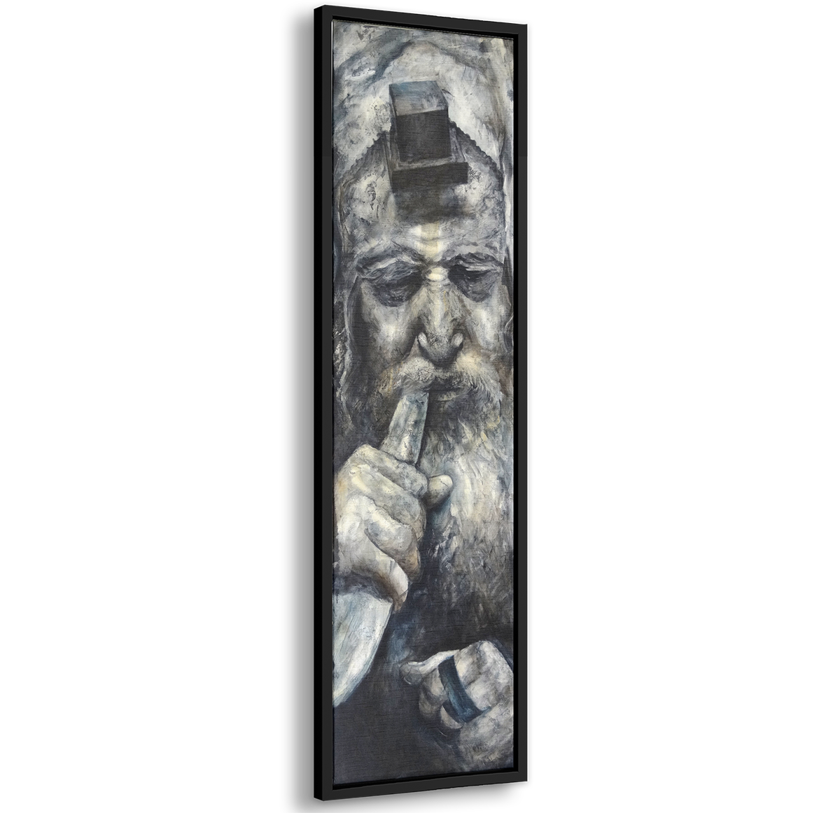 Dramatic Shofar Rabbi - 40x12 Vertical Jewish Art in Black & White depicting a Rabbi blowing a shofar, capturing the solemnity of a Jewish ritual.