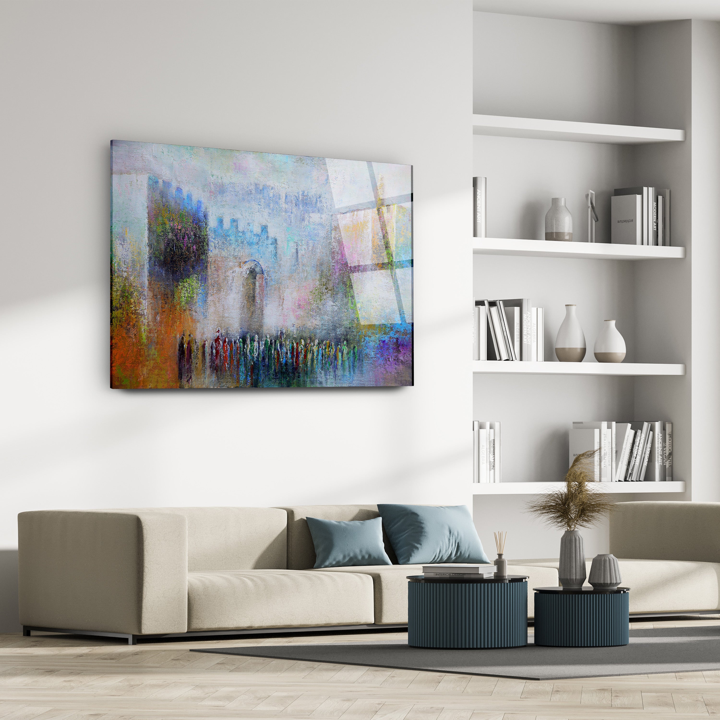 Jaffa Gate: Colorful Modern Jewish Art Print by Yossi Bitton displayed above a living room couch, showcasing vibrant Jerusalem-themed wall decor.