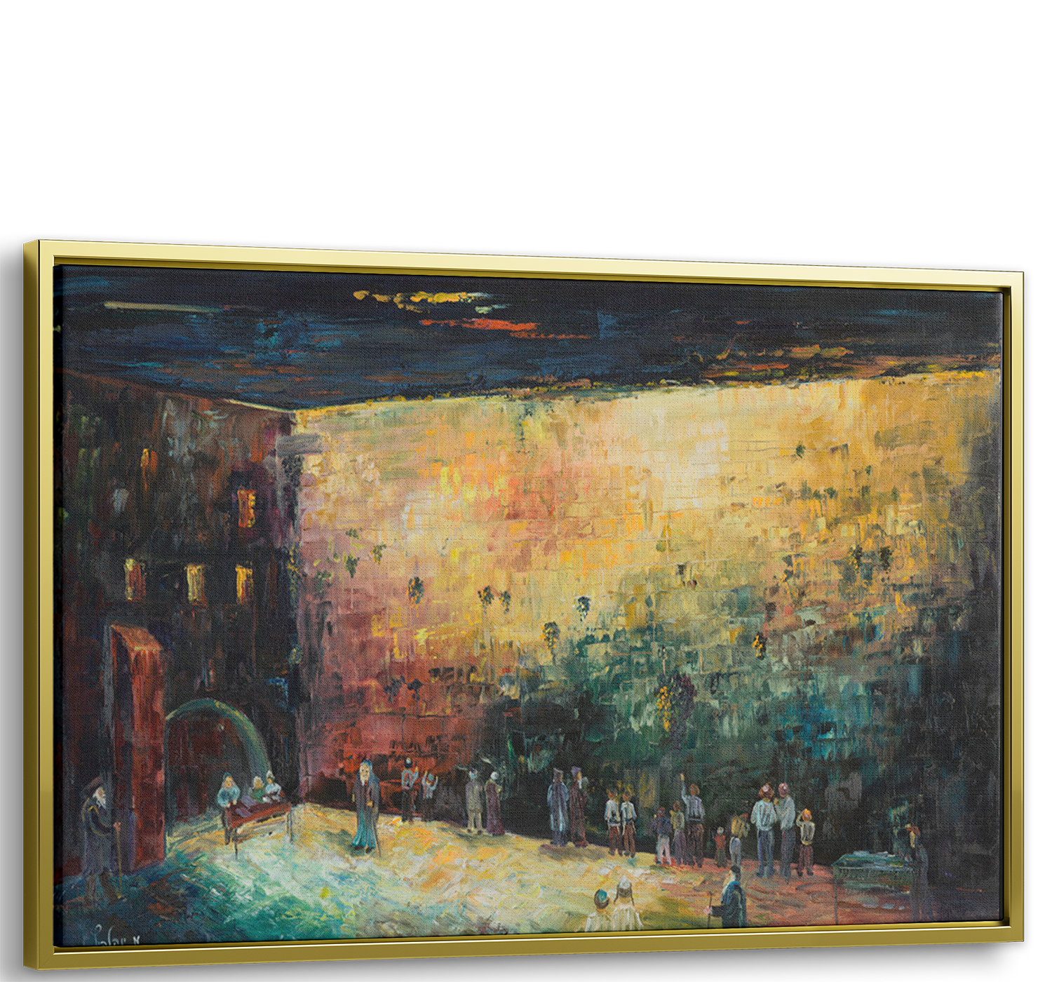 Black & Gold Western Wall Abstract - 51x24 Judaica Art Canvas, showcasing a modern interpretation of the Western Wall with people in a courtyard setting.