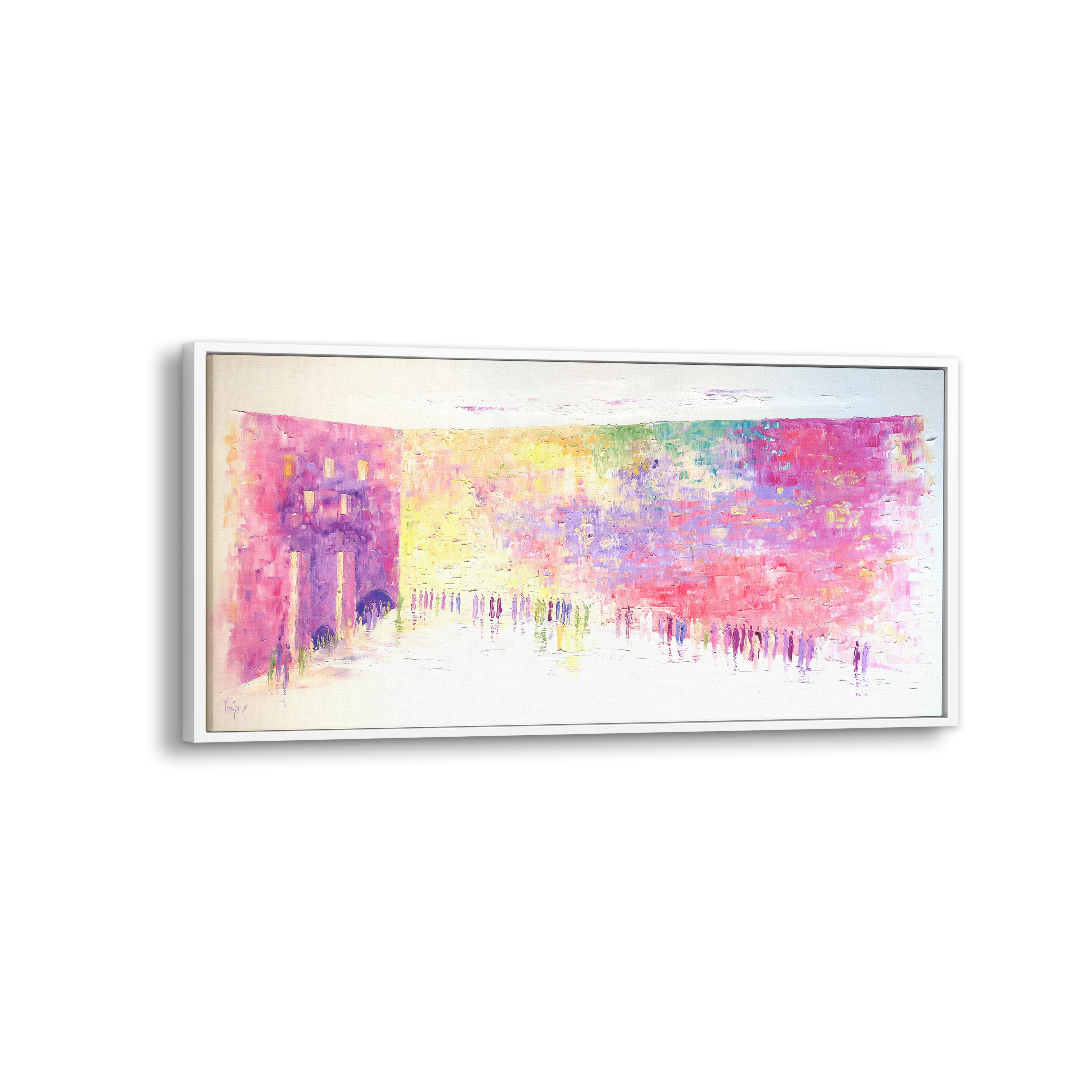 50x24 Western Wall Abstract - Pink & White, Judaica Art: A modern painting depicting people at the Western Wall, blending traditional Jewish themes with contemporary artistry.