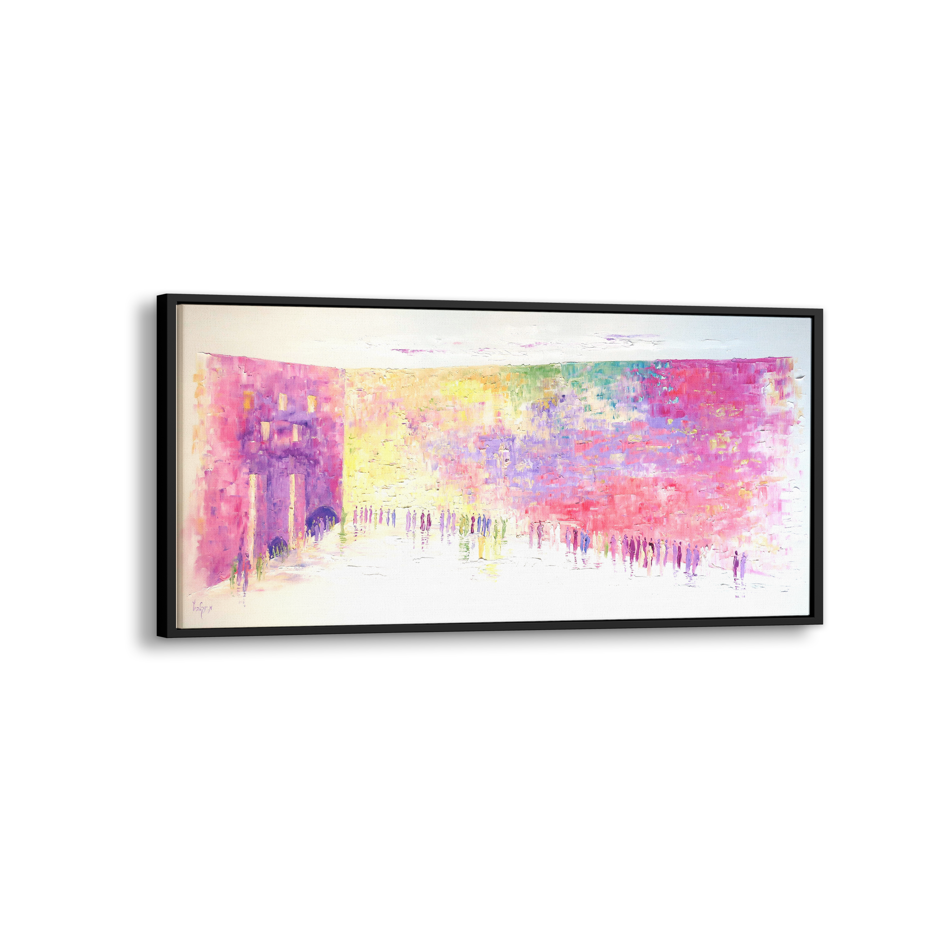 50x24 Western Wall Abstract - Pink & White, Judaica Art: A modern painting depicting a crowd in abstract style, capturing Jewish heritage with a serene artistic interpretation.