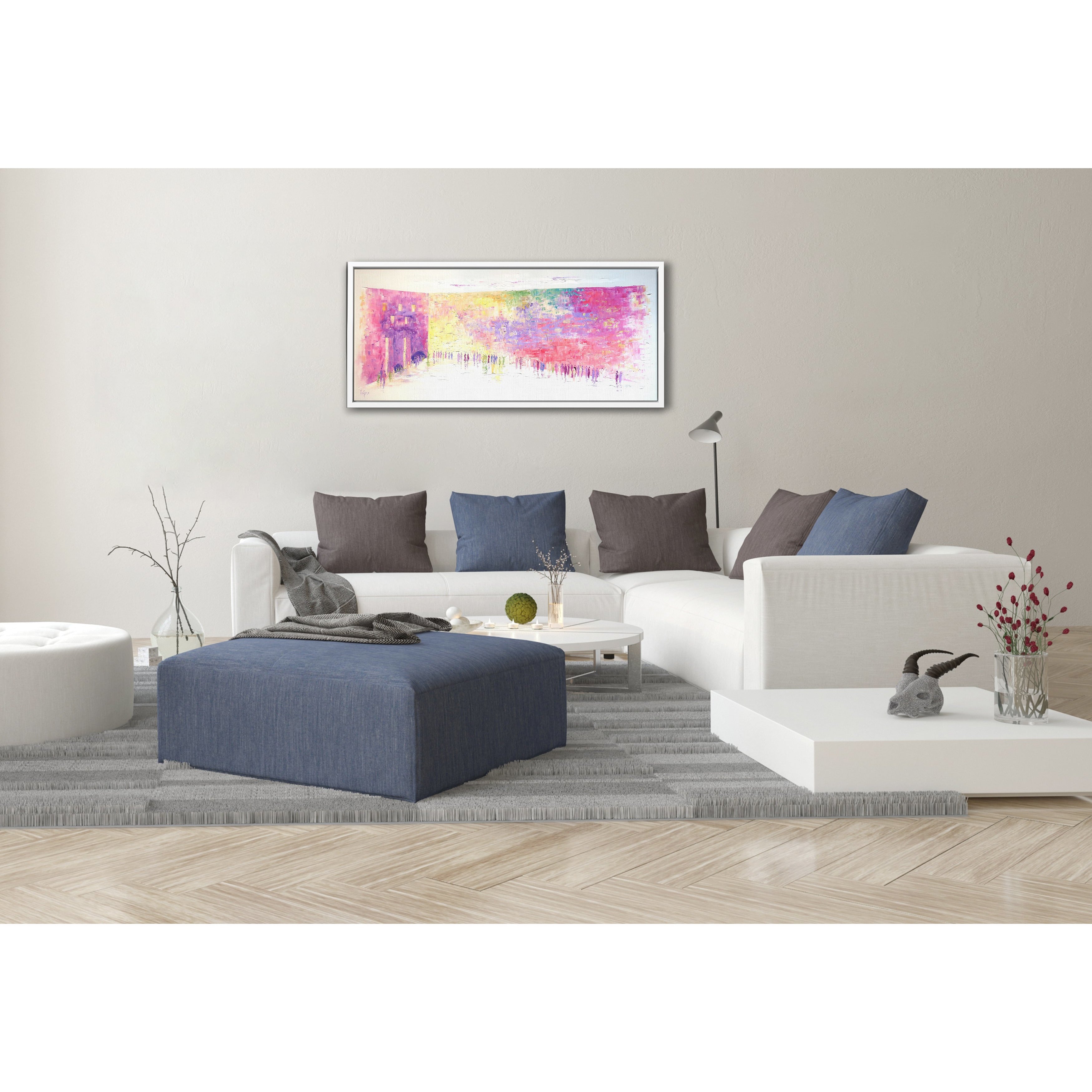 50x24 Western Wall Abstract painting in pink and white, displayed in a living room setting with modern decor; Judaica art from Ben Ari Art Gallery.