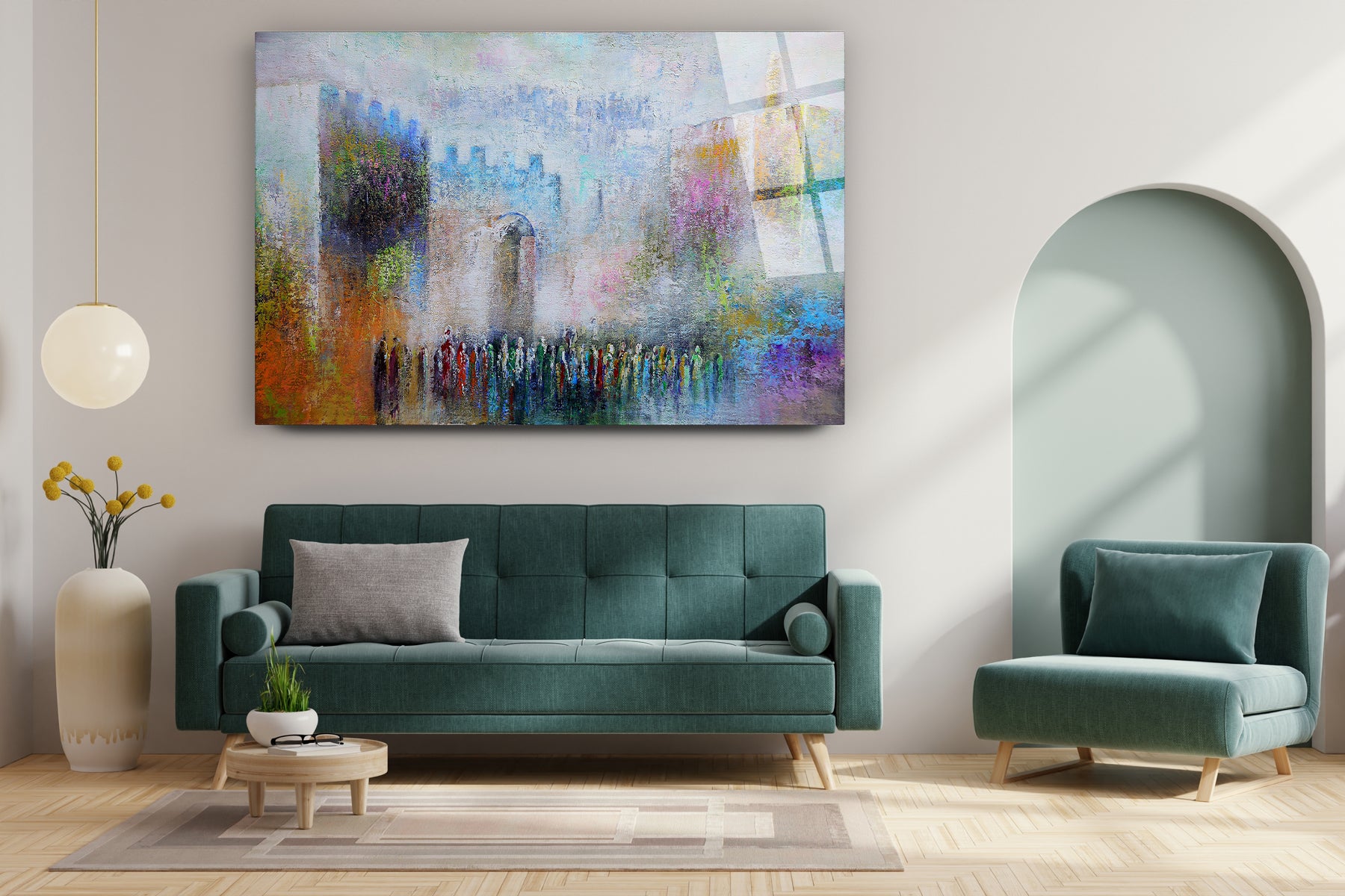 Jaffa Gate: Colorful Modern Jewish Art Print by Yossi Bitton displayed above a green couch, capturing Jerusalem's vibrant heritage in contemporary style.