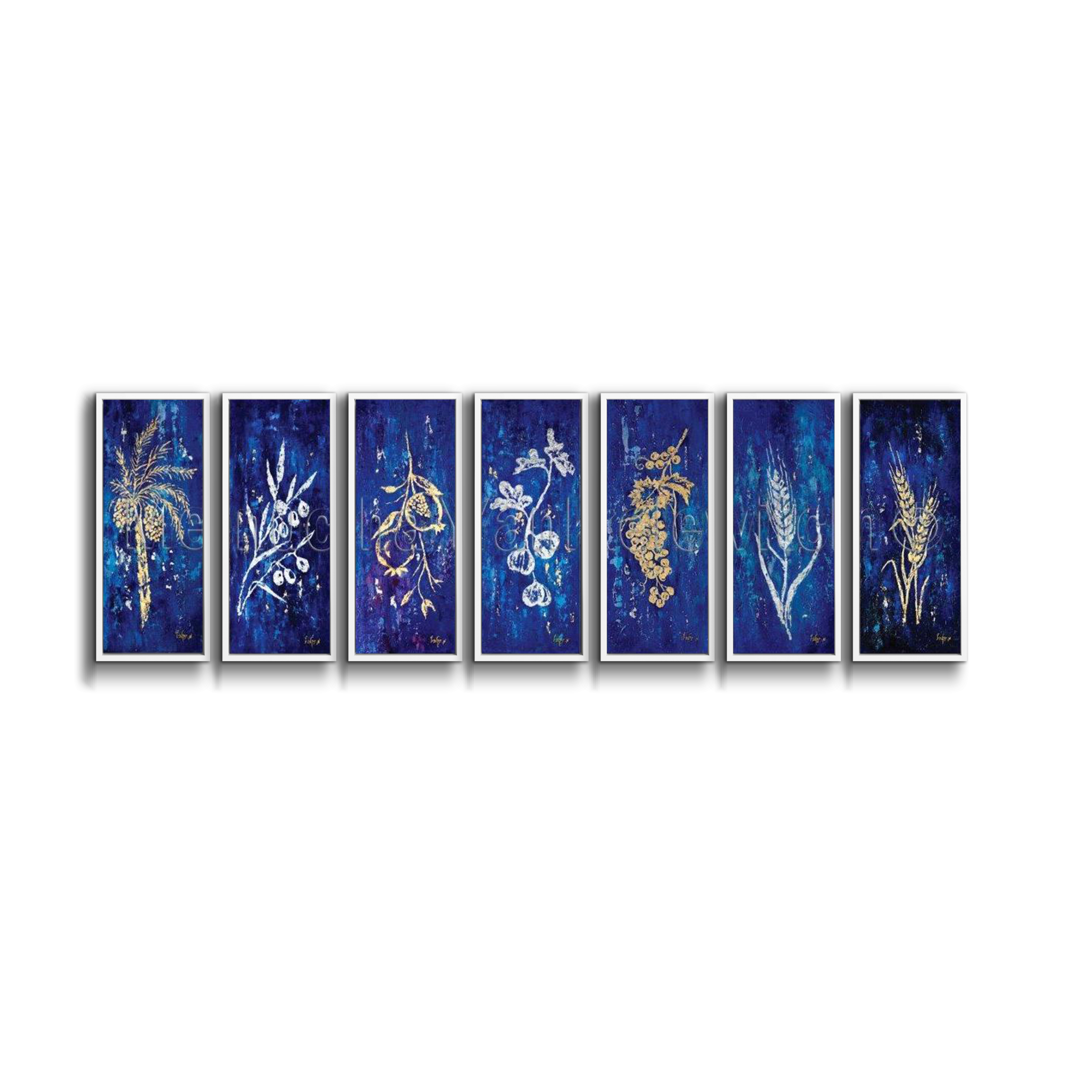 Seven Species in Gold & Silver - 31x15\ Judaica Art Series depicting symbolic Jewish motifs in gold and silver on a blue background.