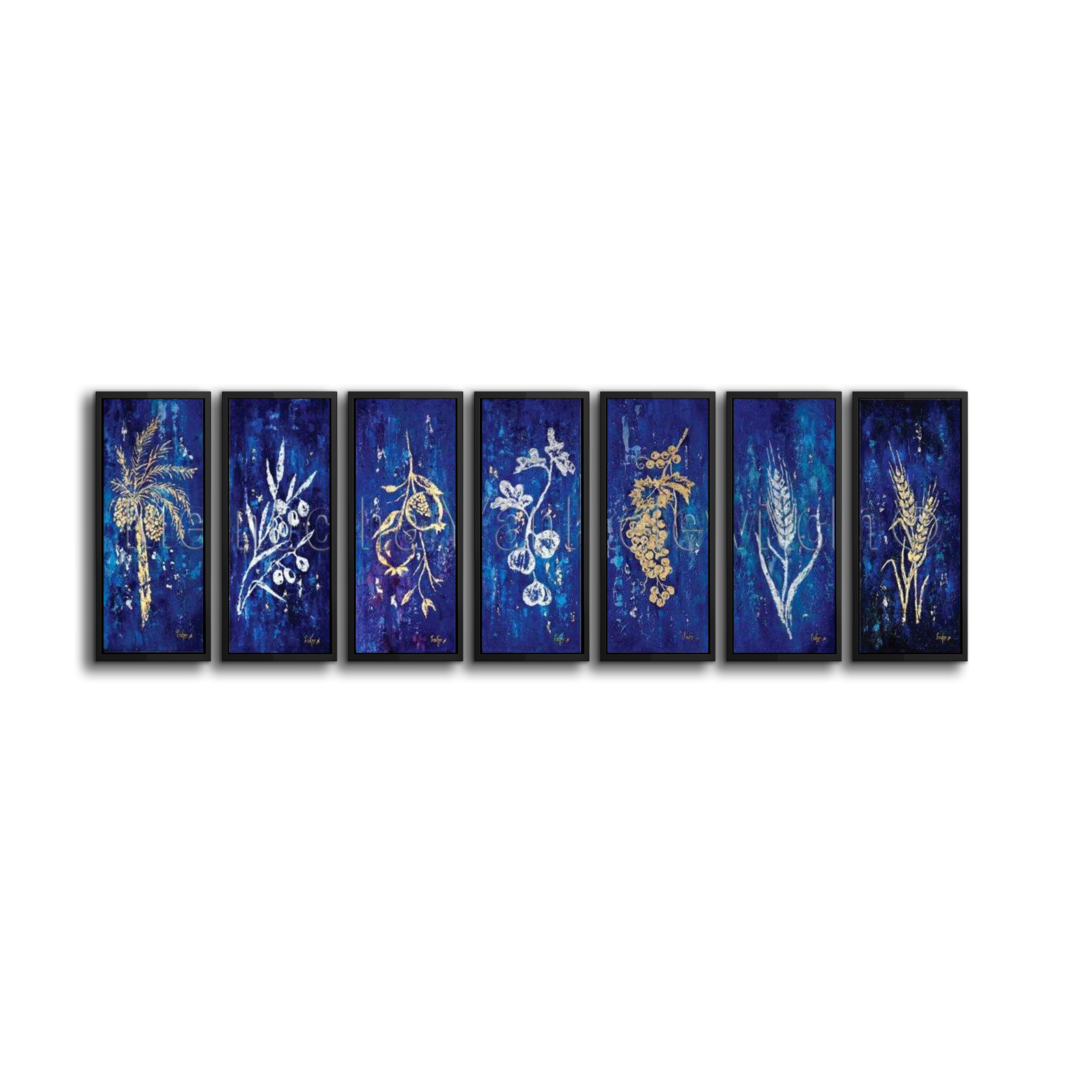 Seven Species in Gold & Silver - 31x15 Judaica Art Series: A row of symbolic paintings depicting the Seven Species in elegant gold and silver on a blue background.