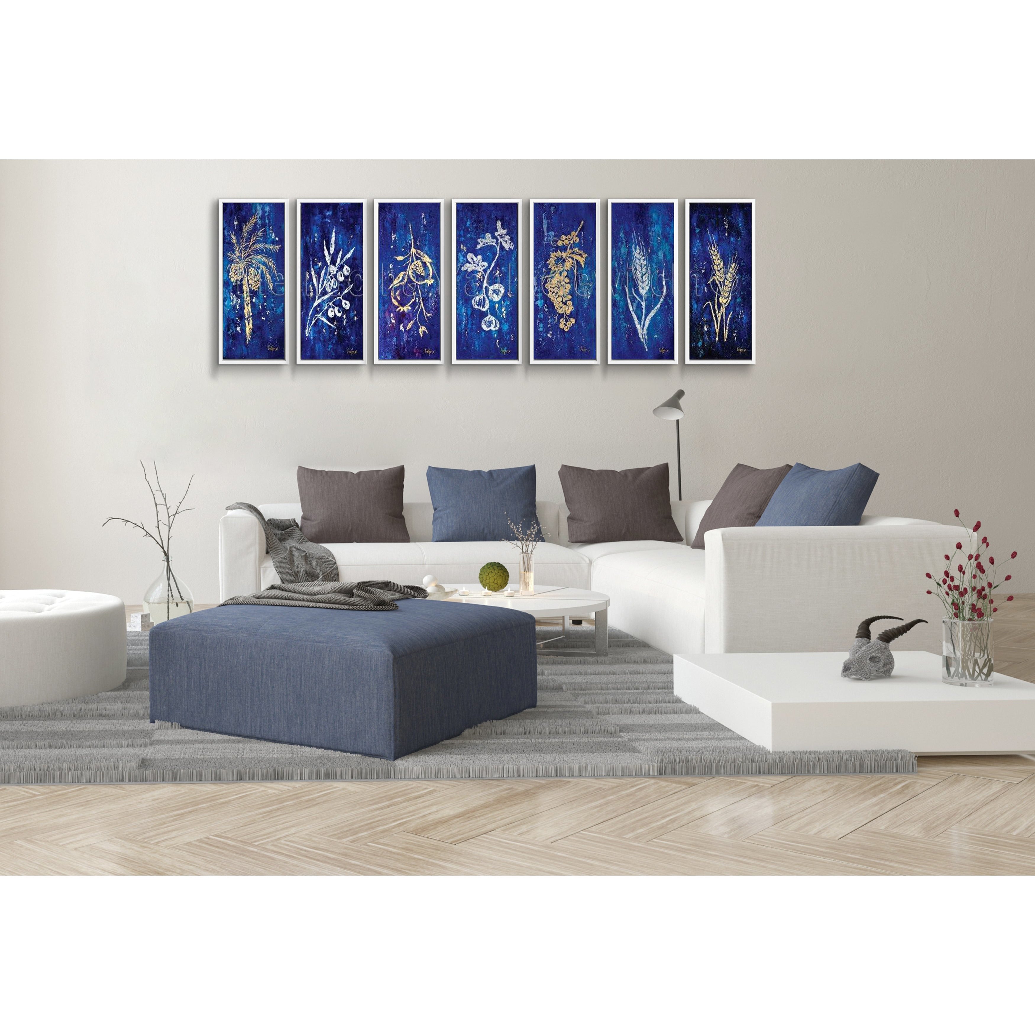 Seven Species in Gold & Silver - 31x15 Judaica Art Series displayed in a living room, showcasing elegant gold and silver tones on a blue background.