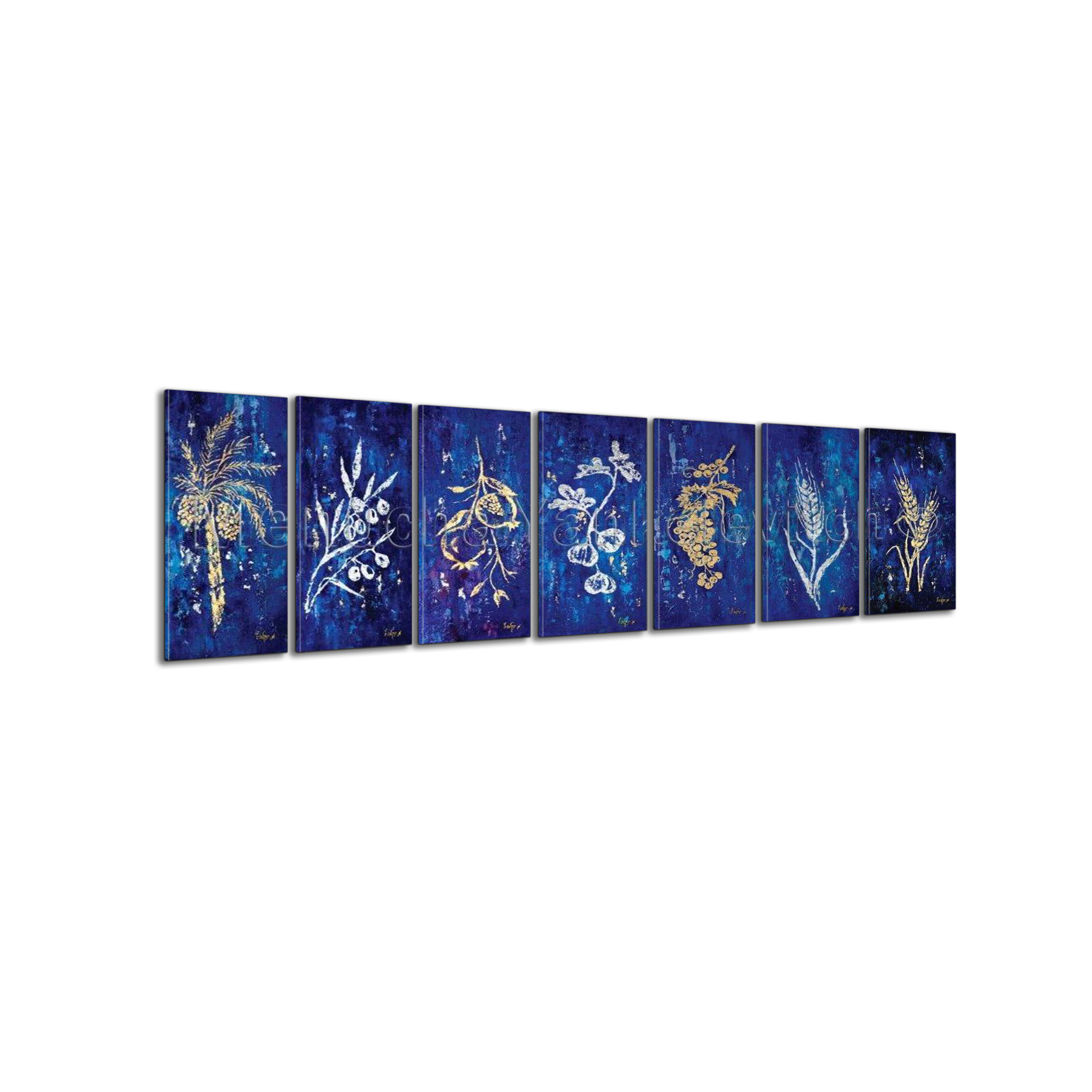 Seven Species in Gold & Silver - 31x15 Judaica Art Series, featuring elegant paintings of Jewish symbols in gold and silver on a blue background.