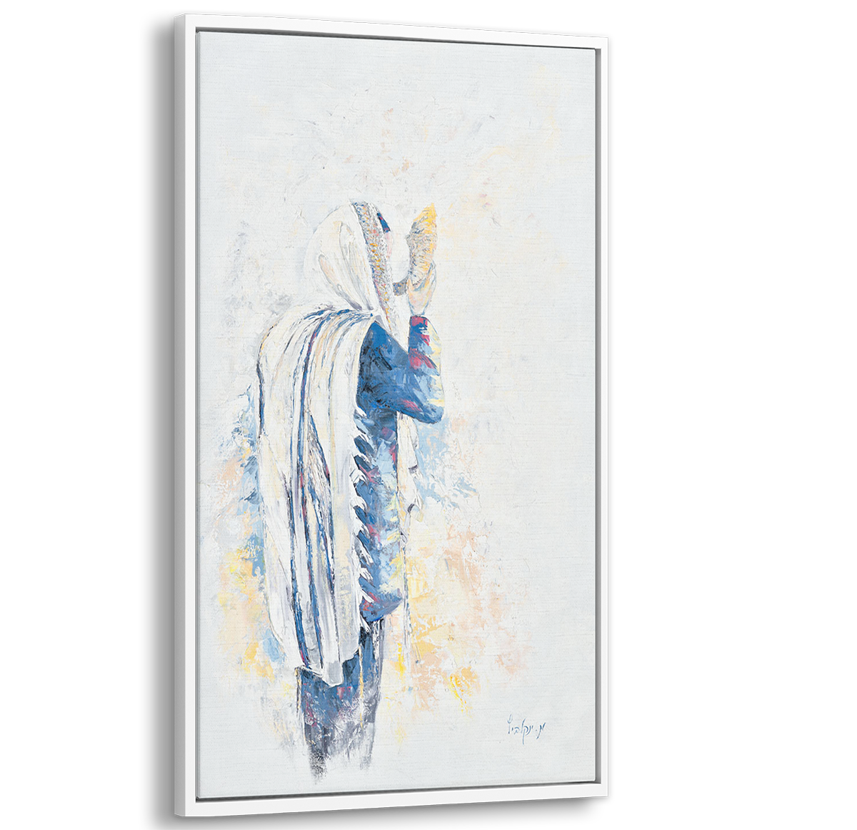 Echoes of Tradition - Shofar in Blue - 24x40 Jewish Canvas Art depicting a Jew in a turban blowing a shofar, capturing Jewish spiritual life.