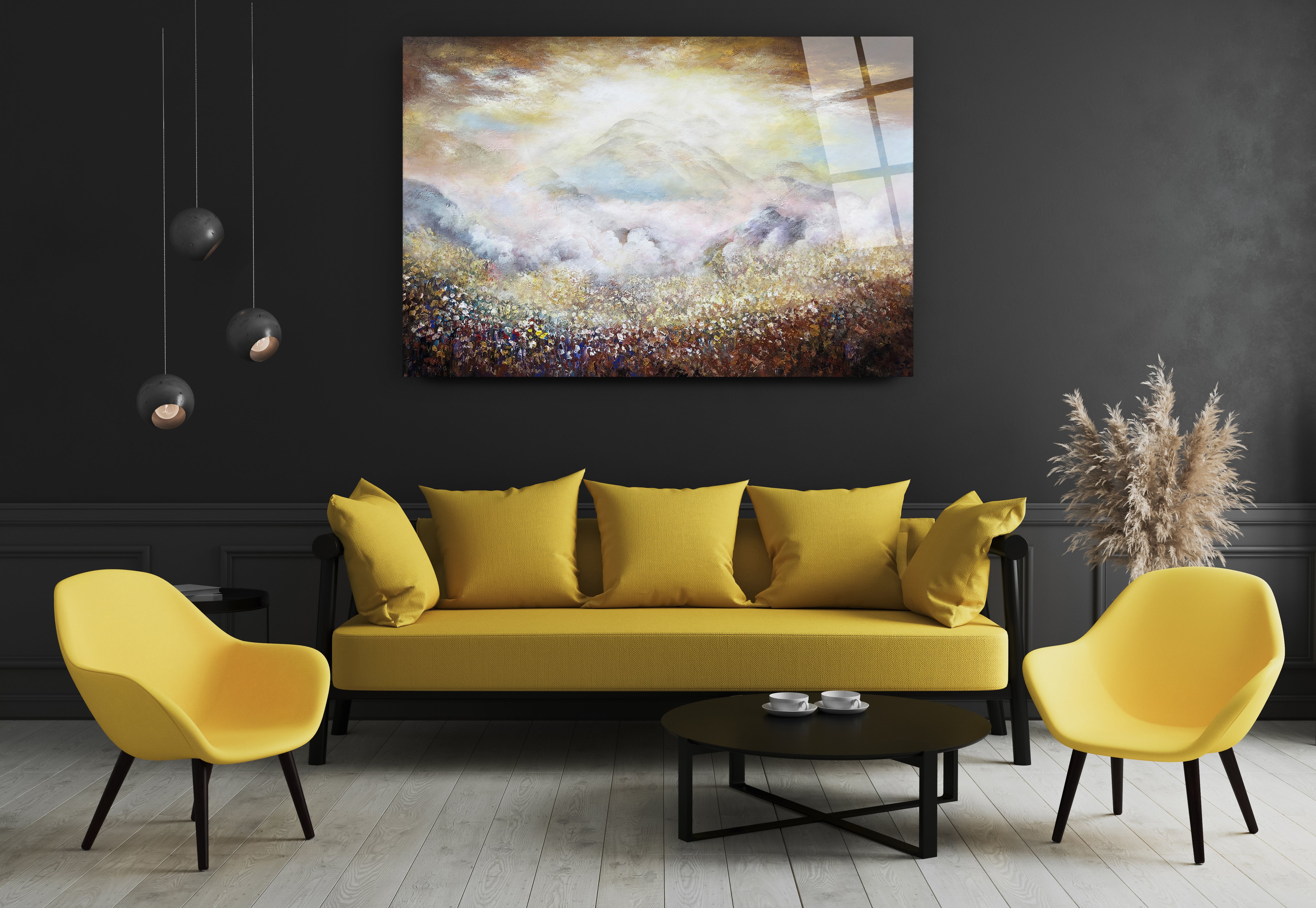 The Giving of the Torah at Mount Sinai - Yossi Bitton’s Jewish Heritage Art Print displayed in a living room setting with a yellow couch and chairs.