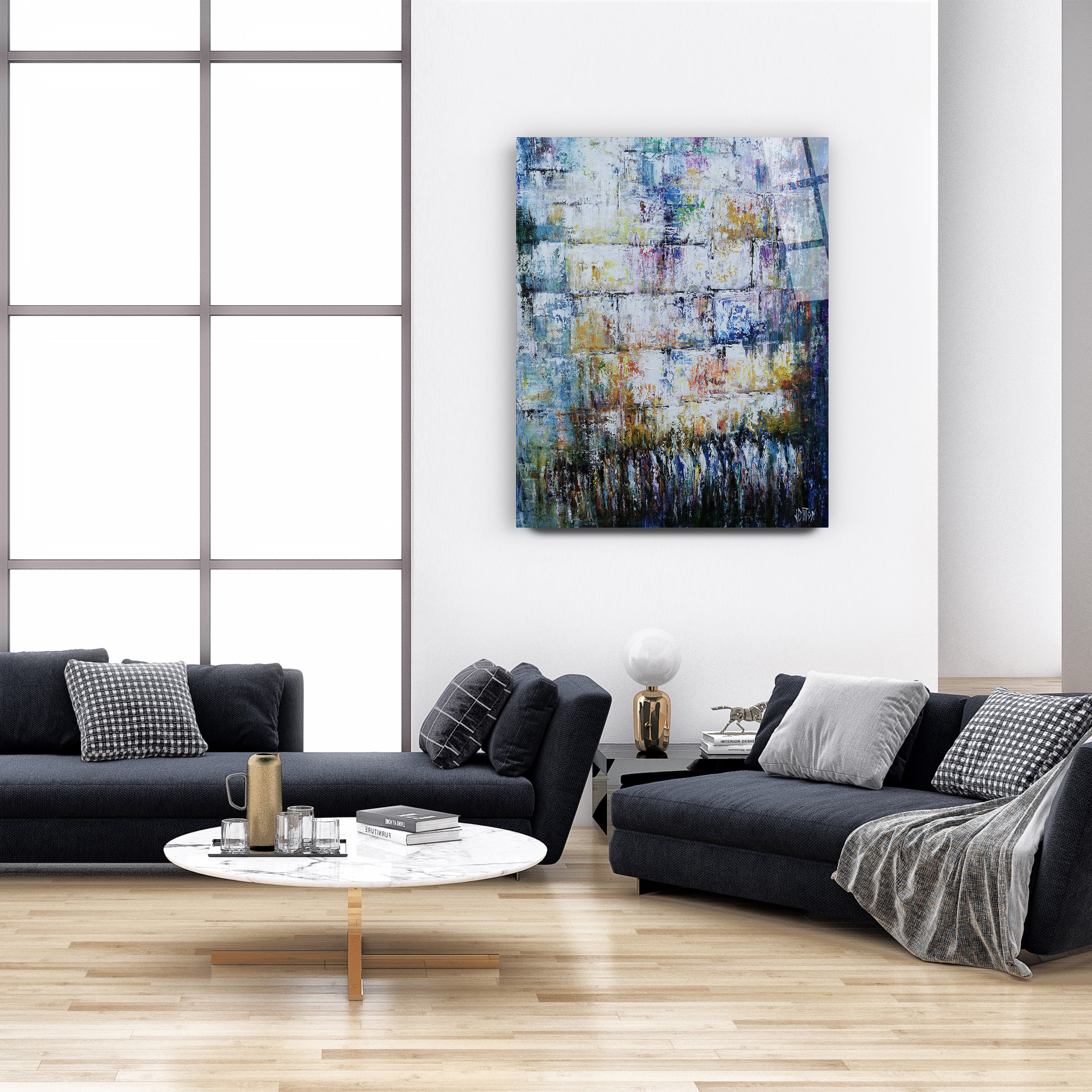 The Kotel Pearl - Abstract Western Wall Art Print by Yossi Bitton in a modern living room setting, highlighting its spiritual and contemporary Jewish art style.
