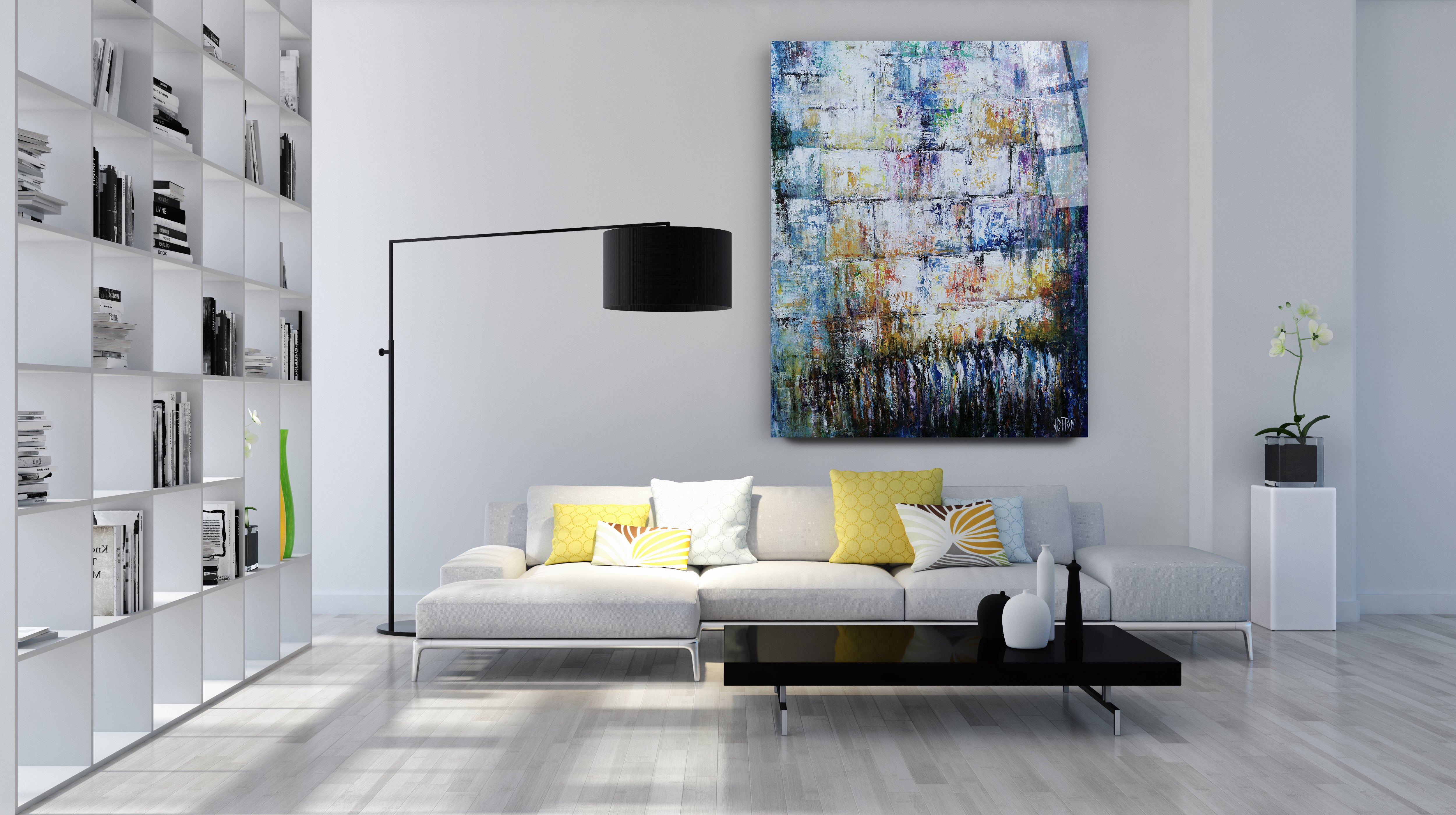 The Kotel Pearl - Abstract Western Wall Art Print by Yossi Bitton displayed above a white couch with decorative pillows in a modern living room setting.