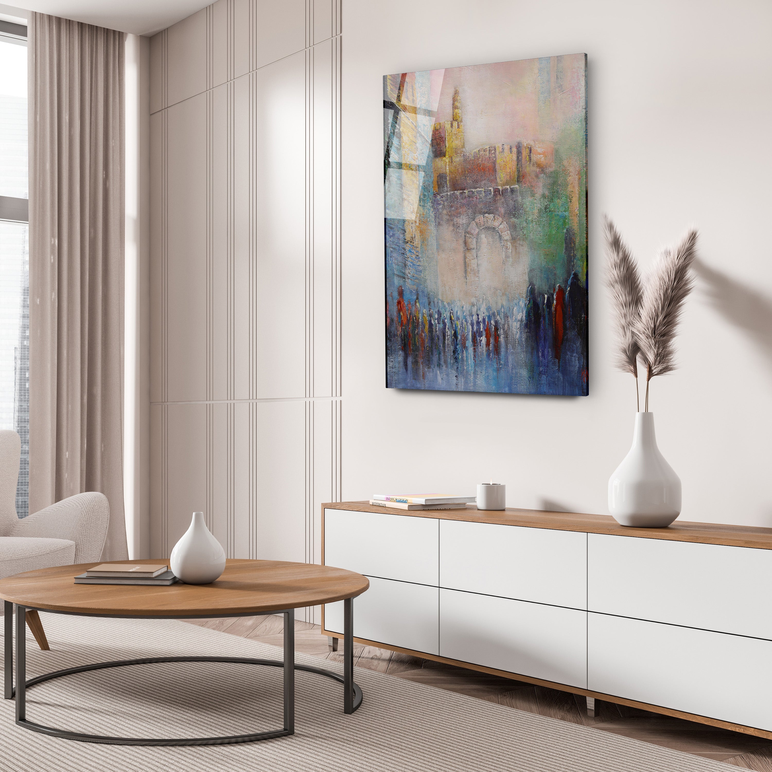 Tower of David - Colorful Jerusalem Landmark Art by Yossi Bitton displayed in a modern living room with a white couch and round coffee table.