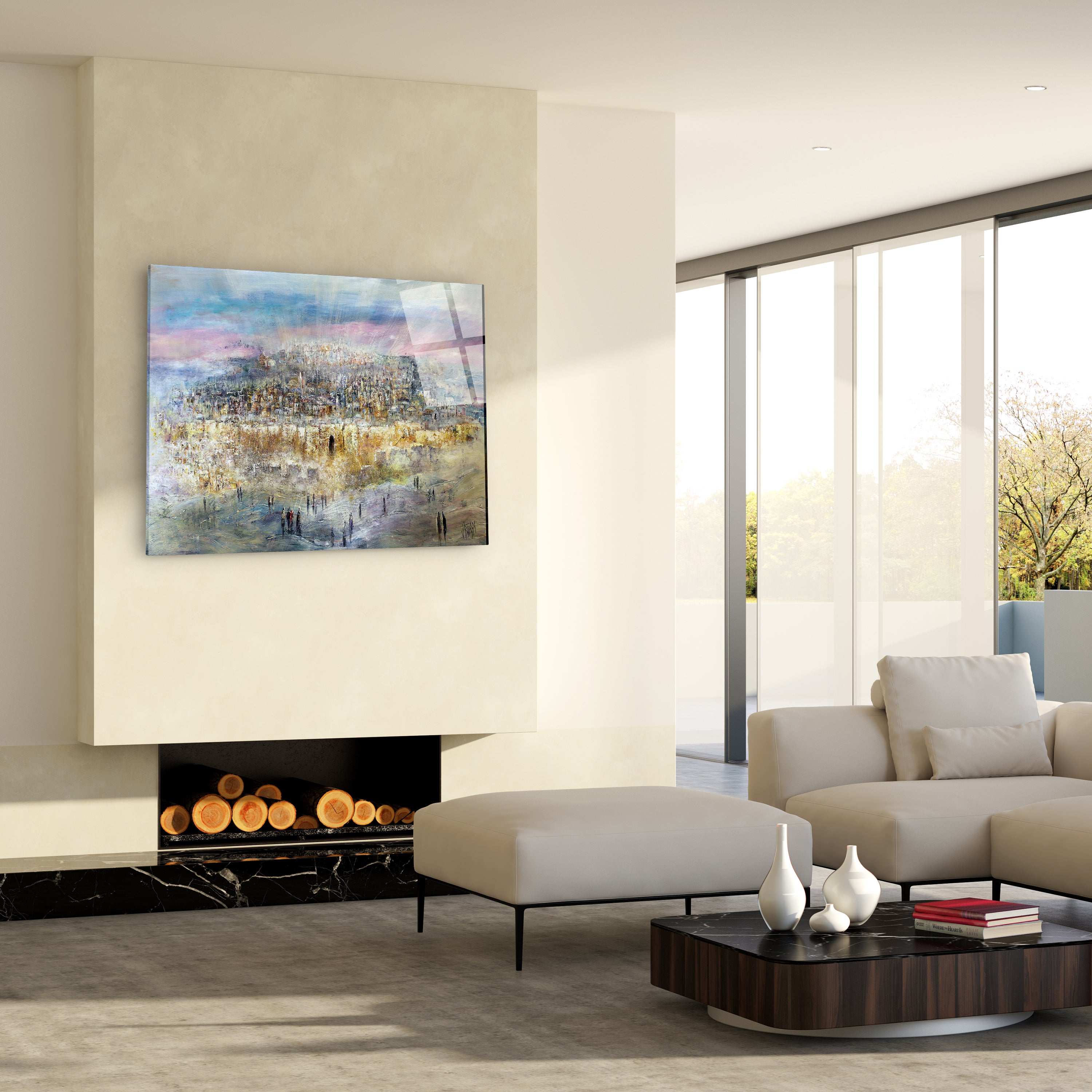 Glorious Jerusalem - Colorful Cityscape Art Print by Yossi Bitton displayed above a modern living room couch with a fireplace, enhancing the space's artistic ambiance.