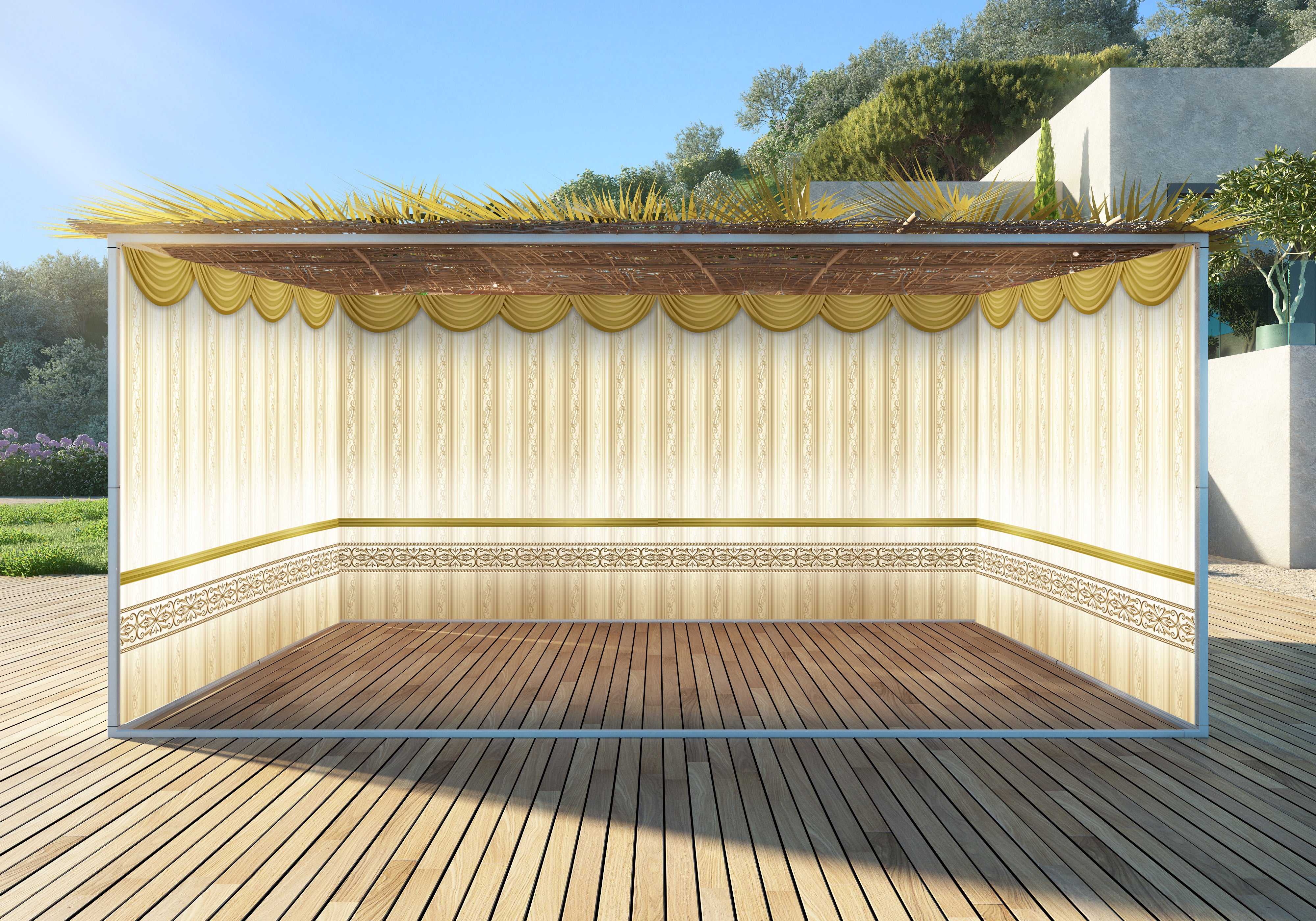 Royal Gold Wallpaper Sukkah Fabric featuring opulent golden curtains, customizable for personal text, enhancing your Sukkah with elegance and luxurious design.