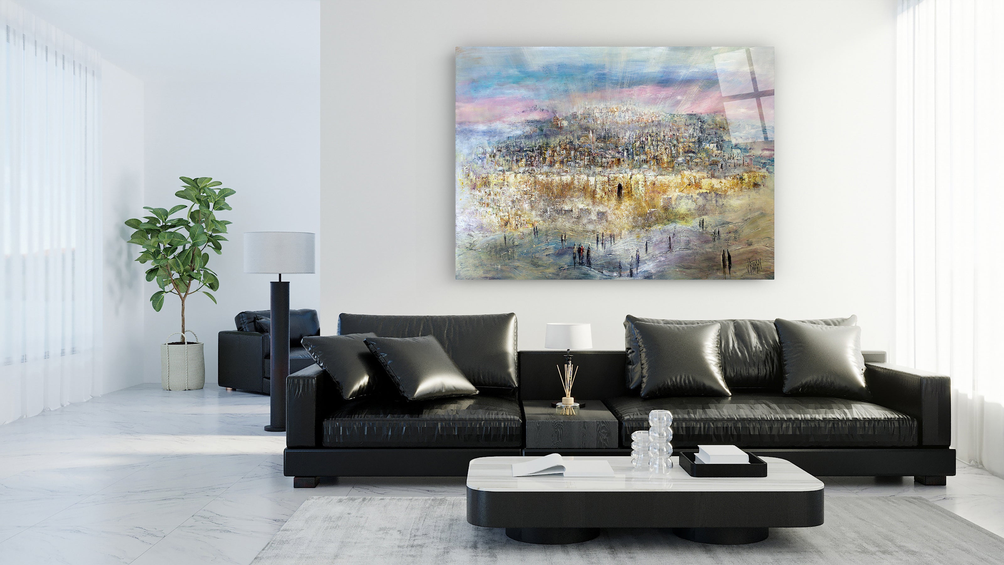Glorious Jerusalem - Colorful Cityscape Art Print by Yossi Bitton displayed in a living room, highlighting vibrant Jewish cultural and architectural beauty.