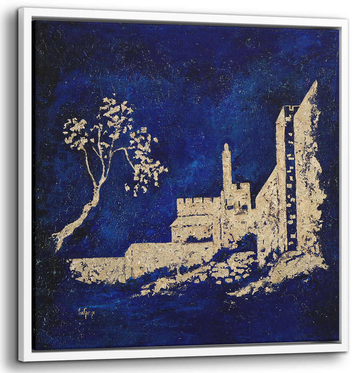 Gold Leaf Tower of David Painting - 28x28 Jewish Art, featuring a luxurious gold leaf depiction of Jerusalem's iconic landmark, ideal for modern Judaica collections.
