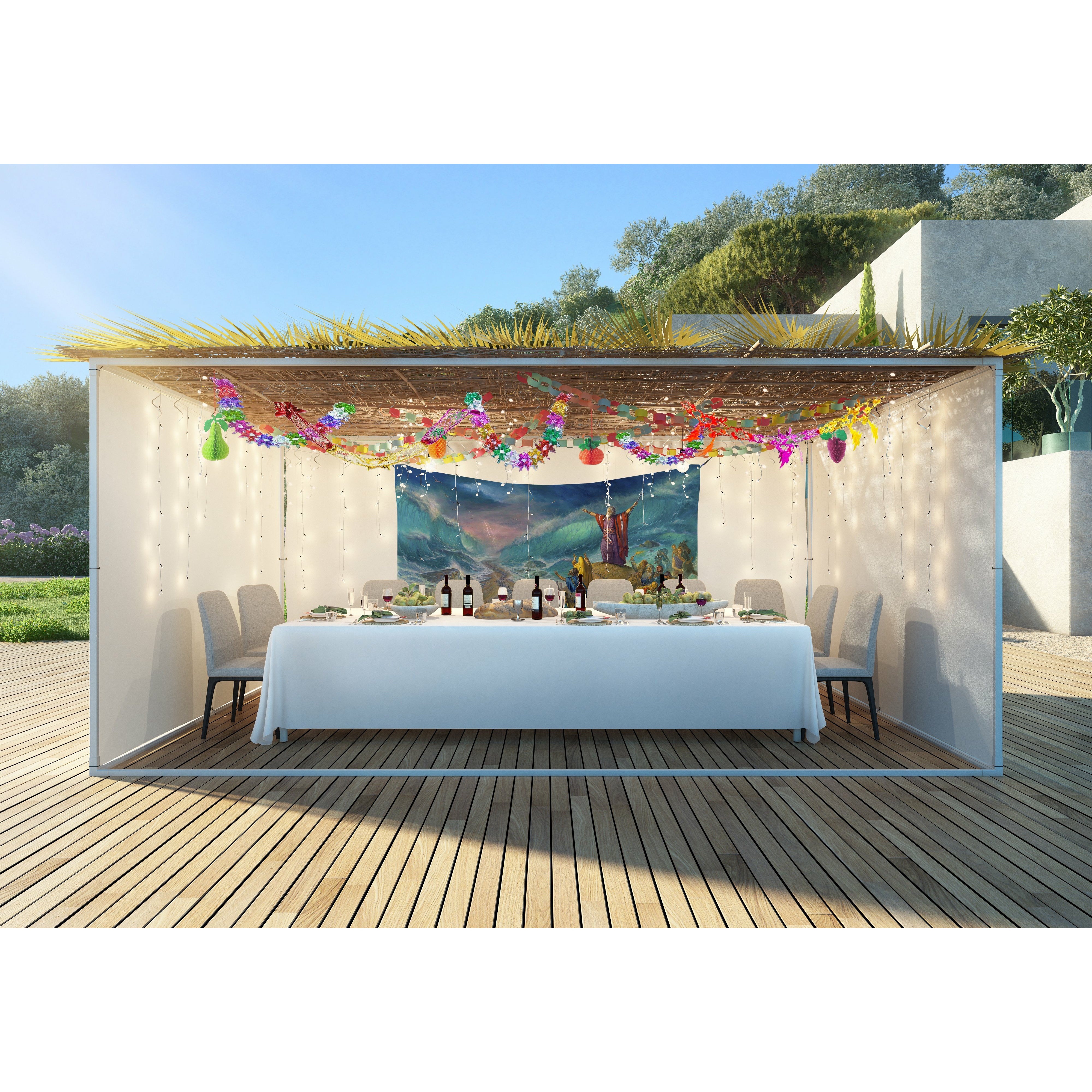 Alex Levin's Sea Crossing Fabric, 80x50 Inches, displayed under a canopy with wine, bread, and colorful garlands, showcasing Sukkot decor.