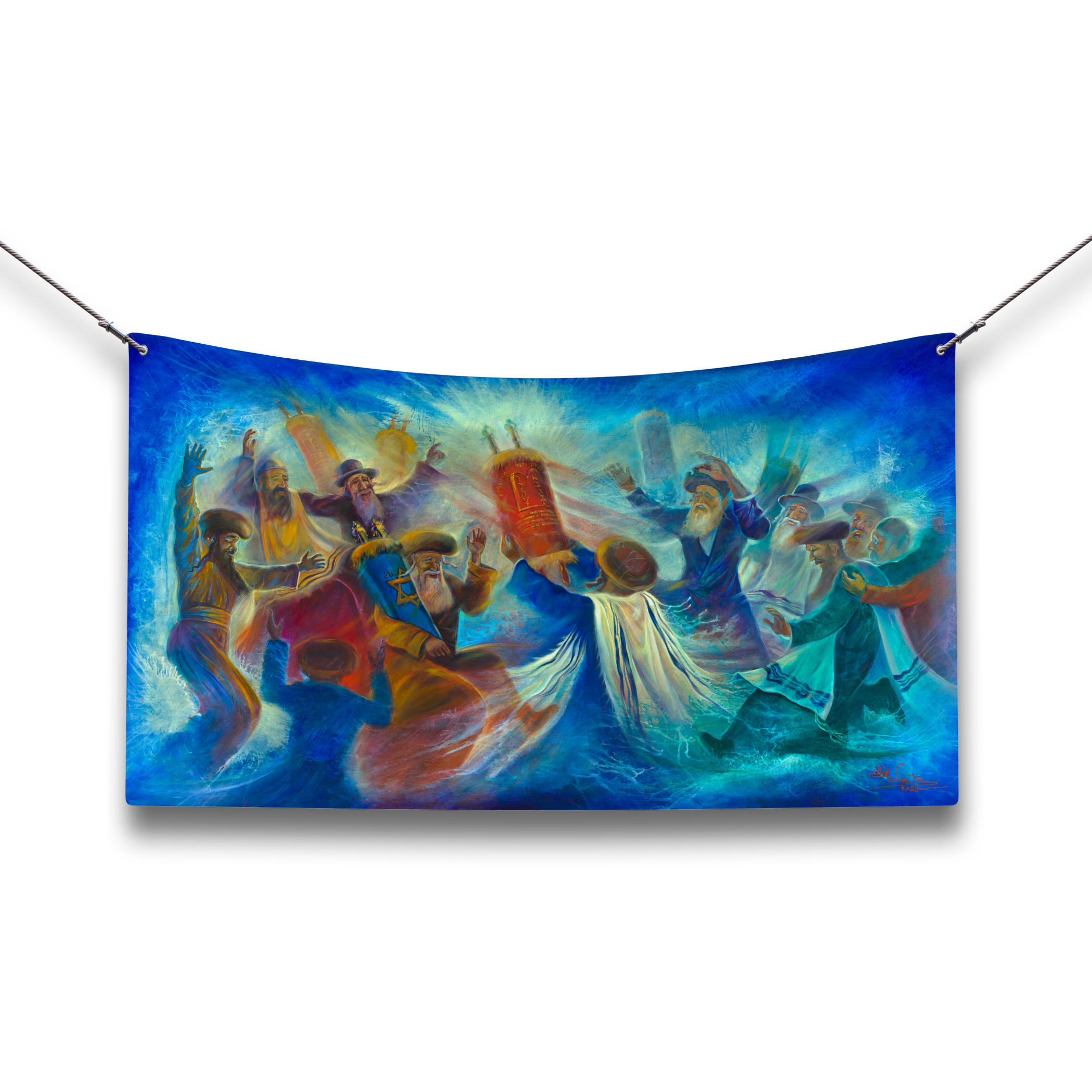 Joyful Jewish Dance Fabric, 80x50 Inches, features a lively Sukkot celebration scene with dancing figures, perfect for enhancing your festive Sukkah ambiance.