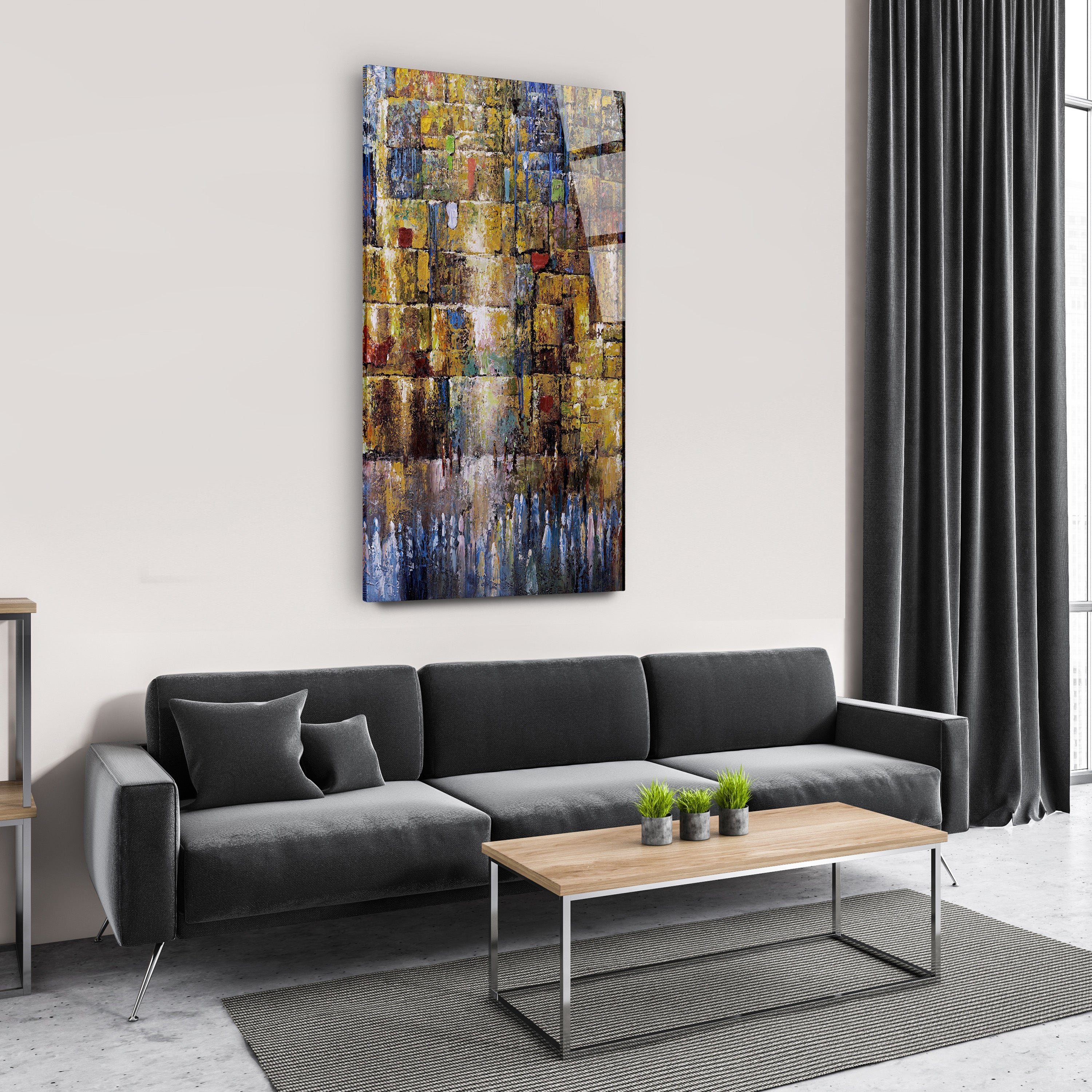 The Western Wall - Abstract Jerusalem Art Print by Yossi Bitton, featuring warm browns, ready-to-hang in a living room setting with a couch and plants.